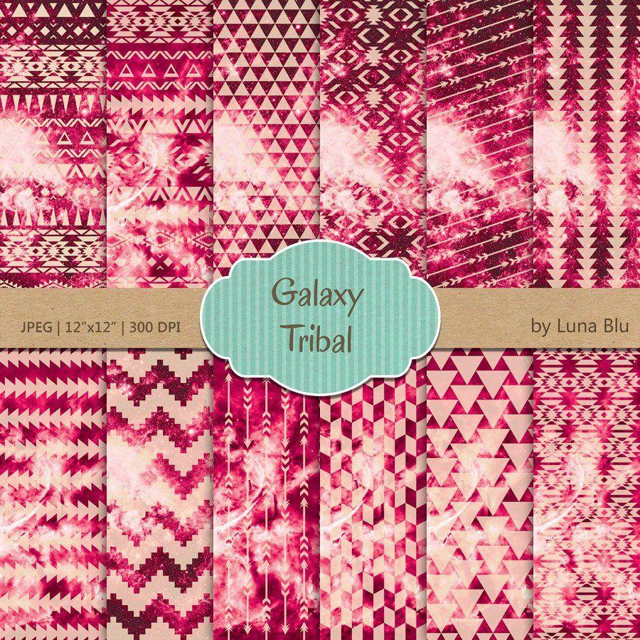Tribal Digital Paper: Pink Galaxy Tribal Patterns with triangles