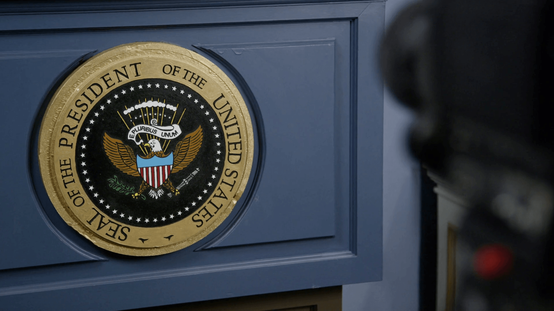 Press Secretary Of White House Presidential Seal And Camera Stock