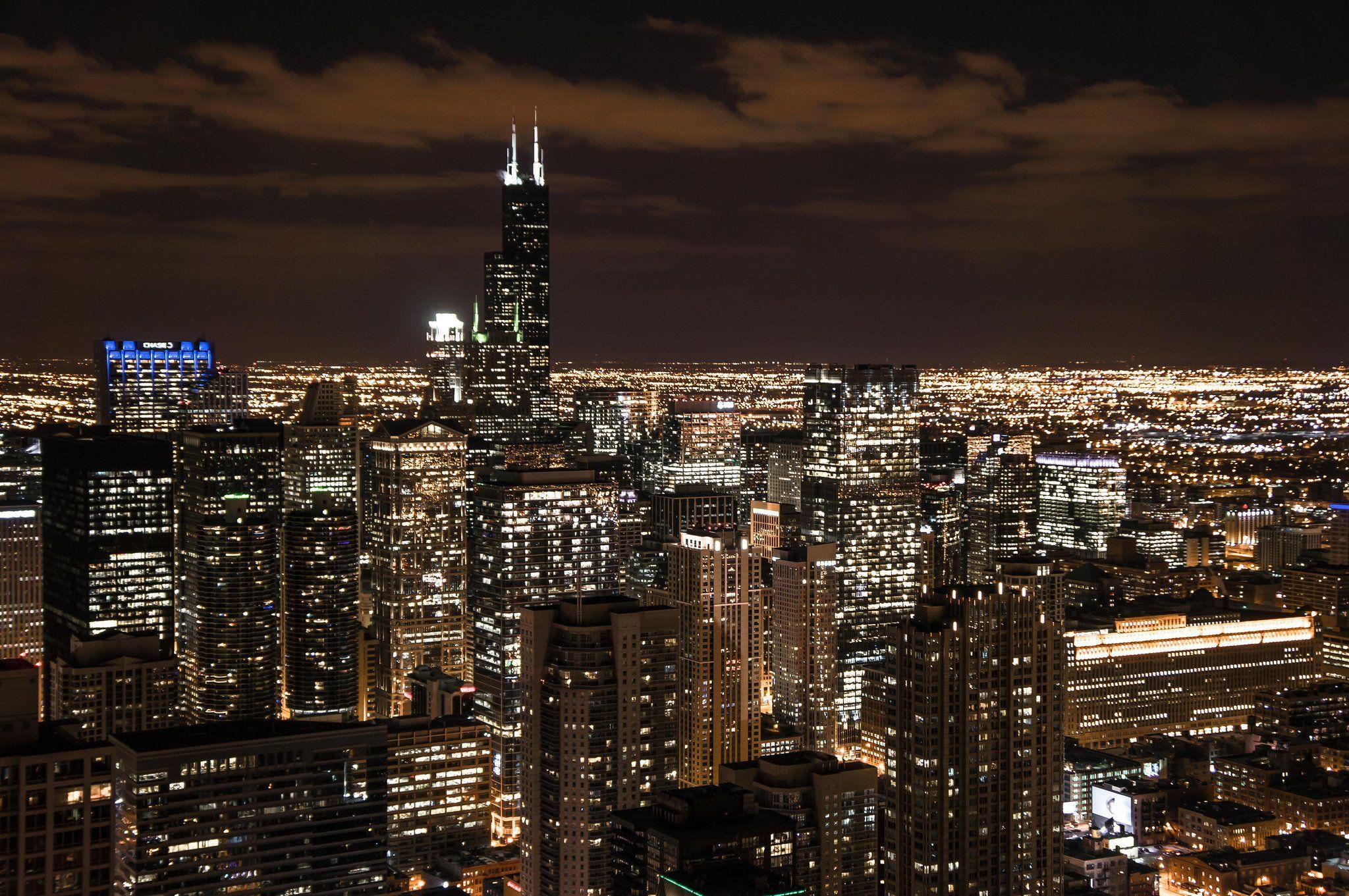 architecture, city lights, road, Chicago, skyline, buildings, city