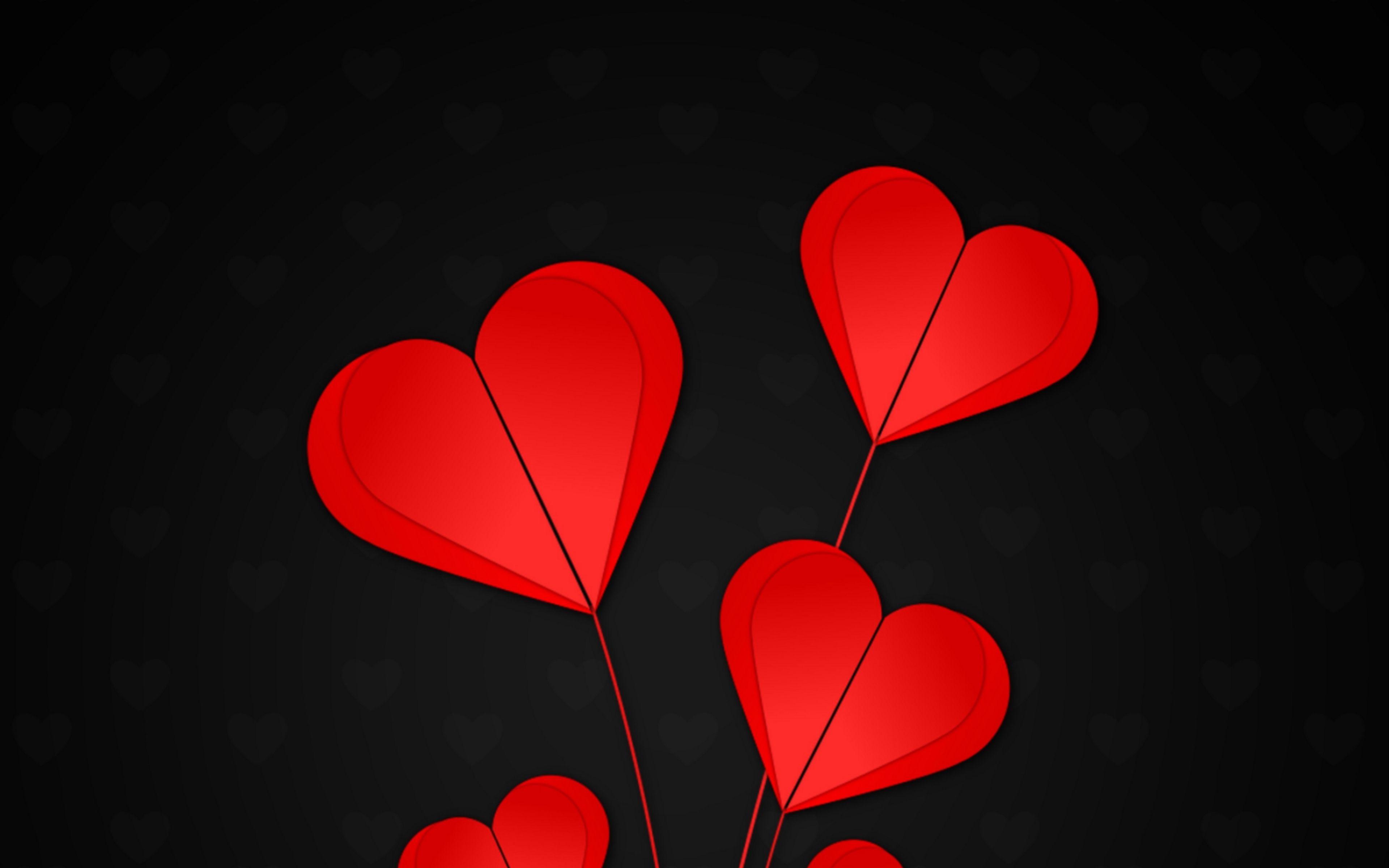 Download wallpaper 3840x2400 hearts, red, black background 4k ultra