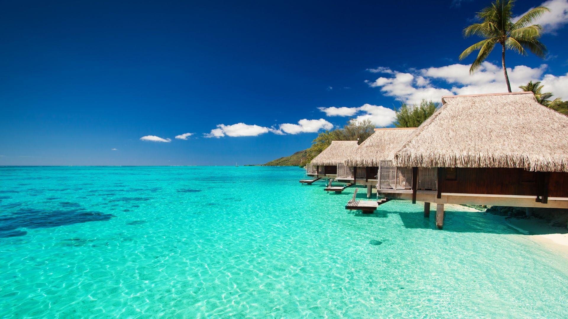 Download Wallpaper 1920x1080 maldives, tropical, bungalows, sky Full
