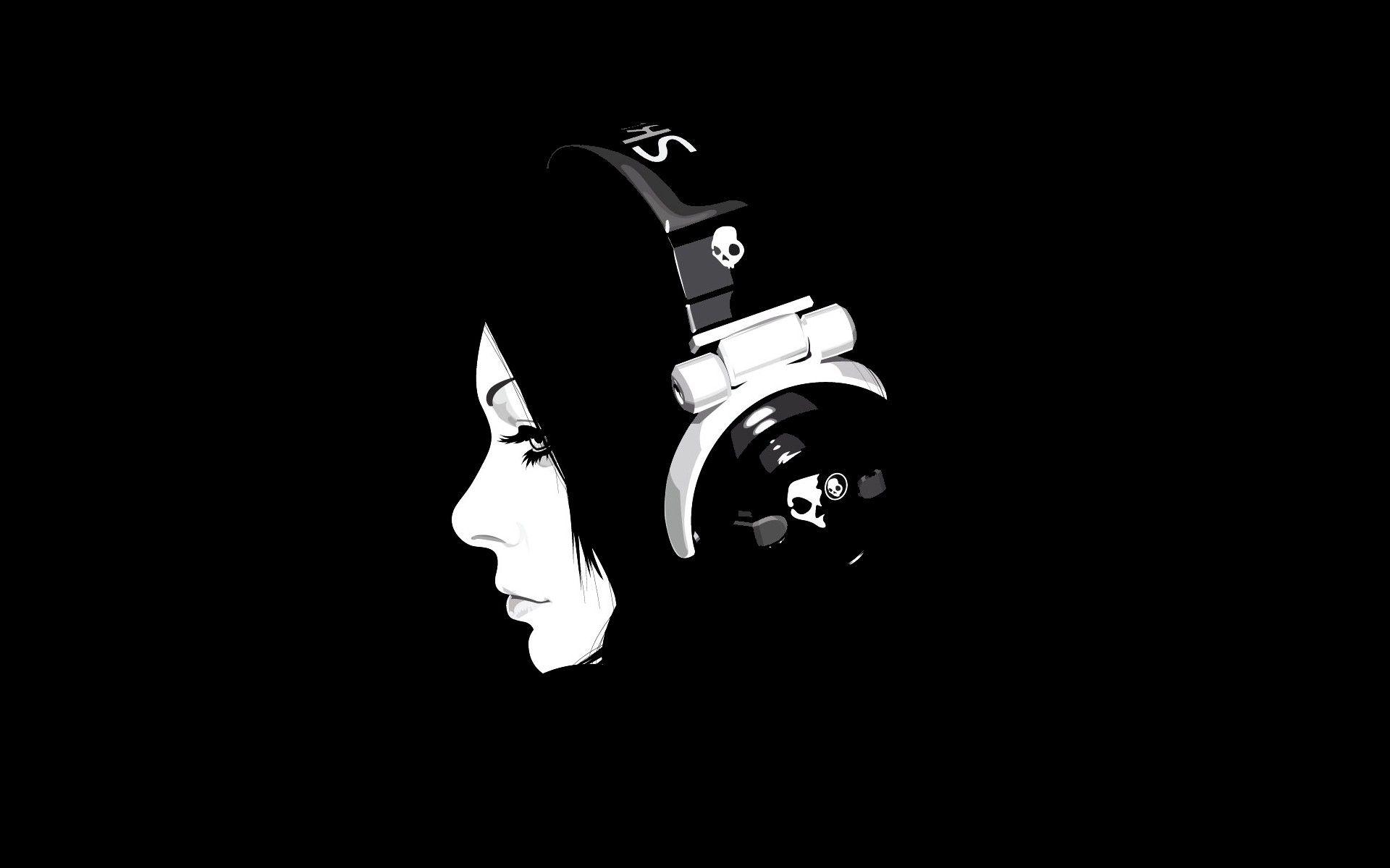 Skullcandy, headphones girl, monochrome, black background wallpaper