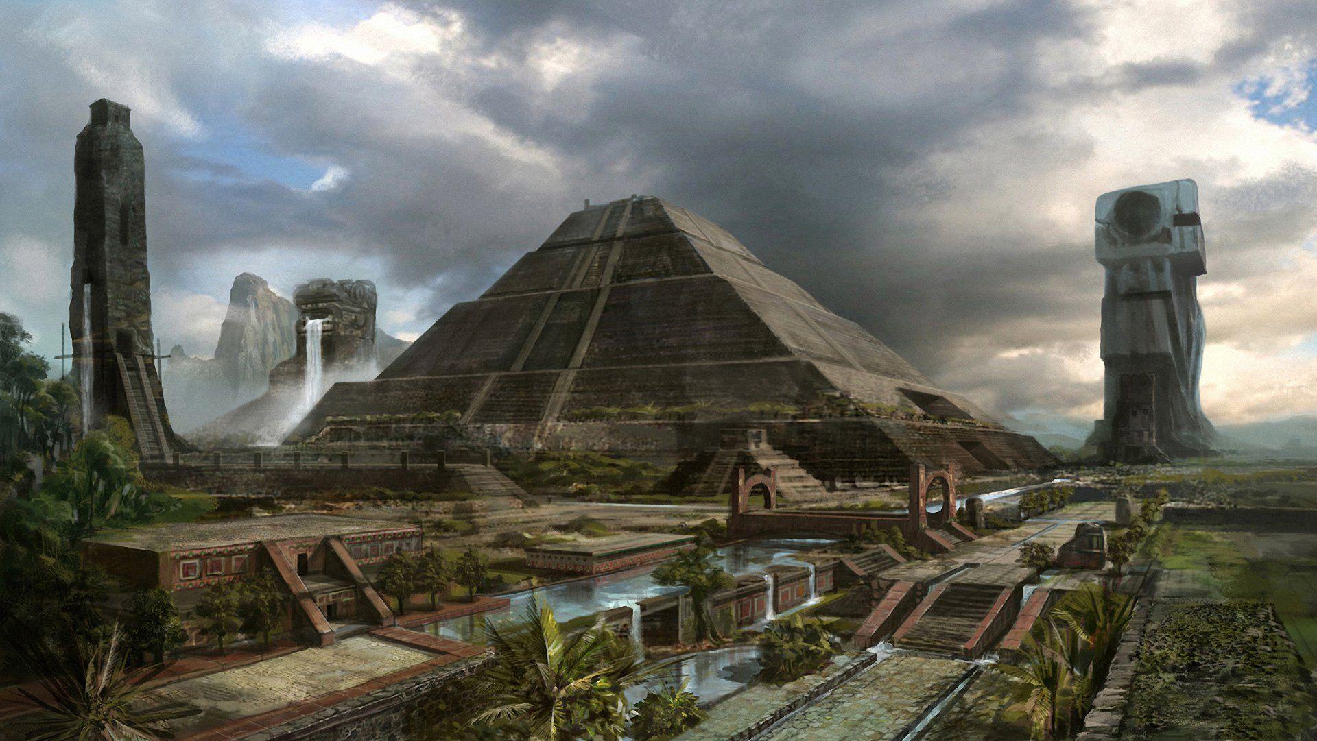 art mayan civilization town pyramid palm HD wallpaper