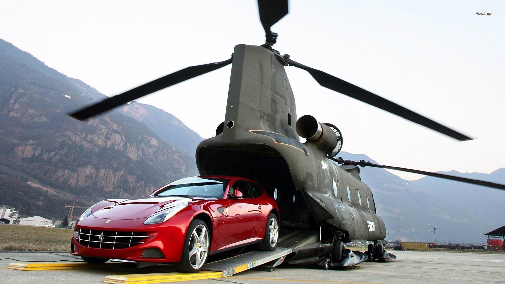Ferrari FF Exiting Boeing CH 47 Chinook Helicopter Wallpaper