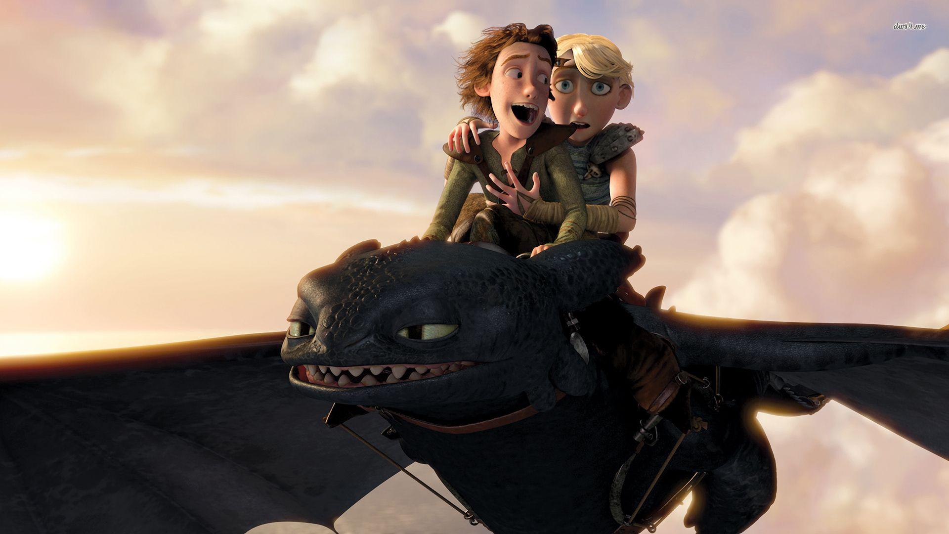 Hiccup and Astrid on Toothless to Train Your Dragon wallpaper