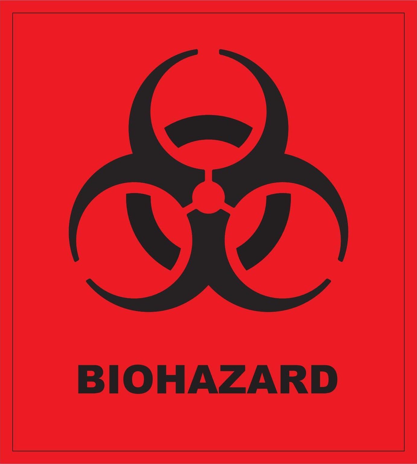 Biohazard Symbol And Text On Red. Universal Labels Logos