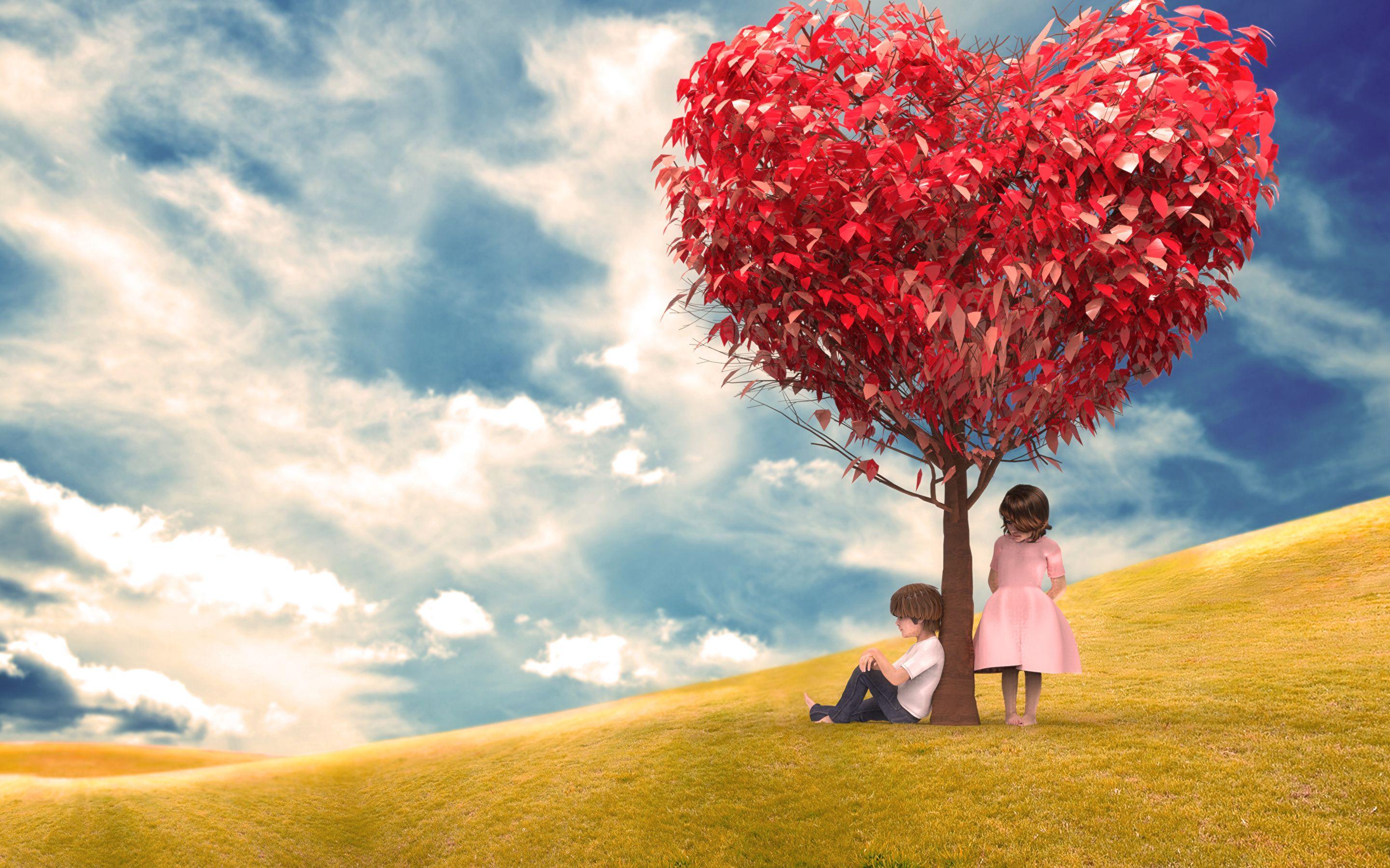 Image Little girls Boys Heart Love Nature Grasslands Trees 2880x1800