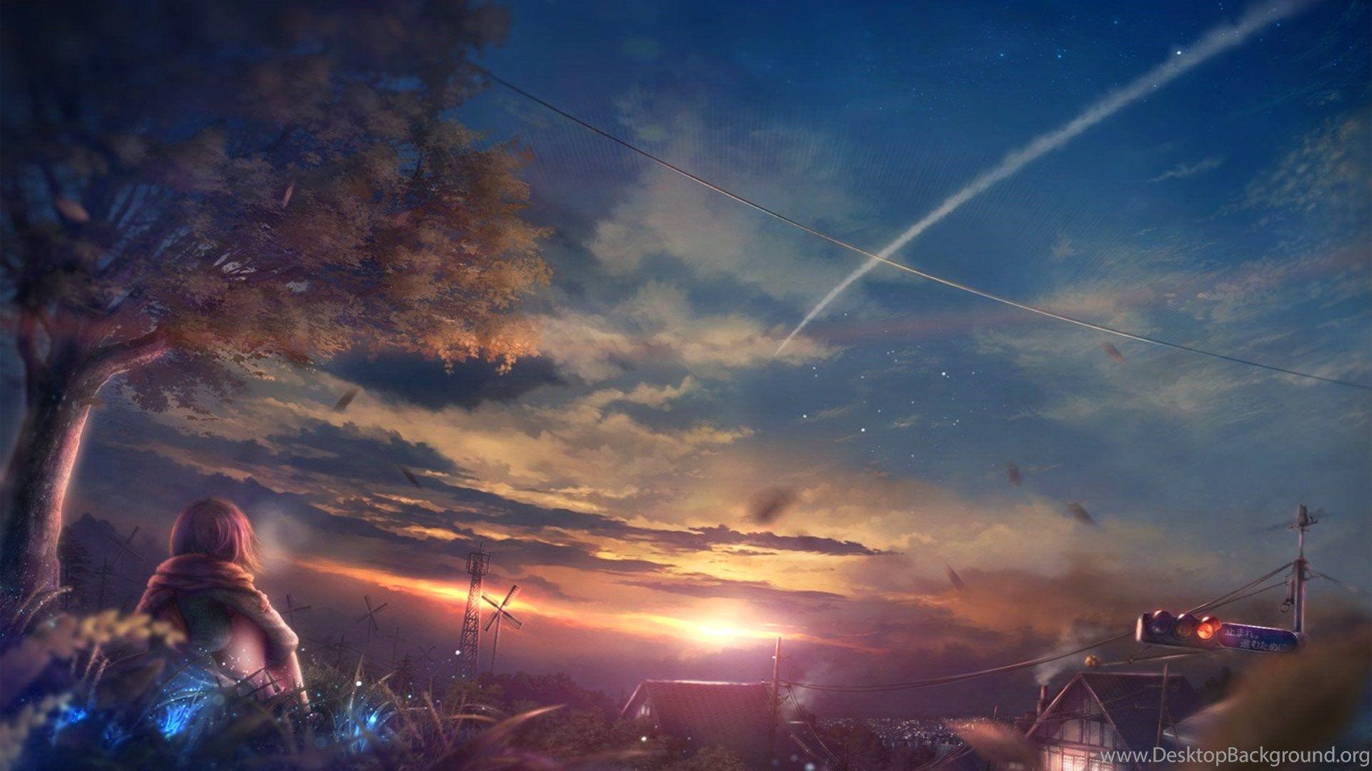 Beautiful Scenery Anime Girl At Sunset Wallpaper Desktop Background
