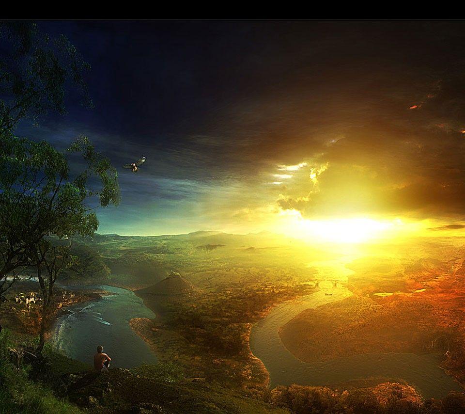Sitting Man Sun Sky Golden Bright River Fantastic Trees Hilltop