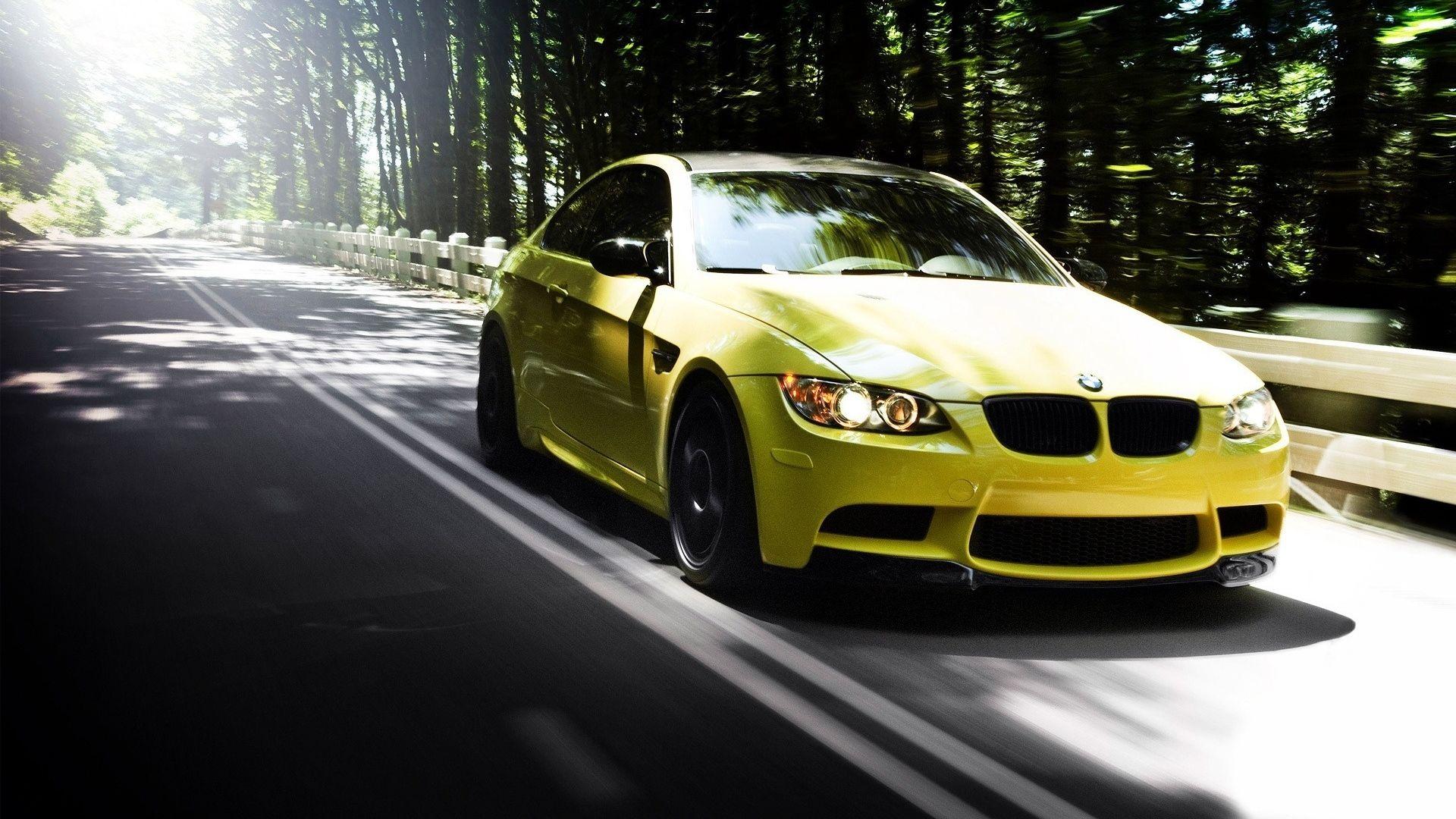 Download Wallpaper 1920x1080 auto, bmw m yellow, road, forest