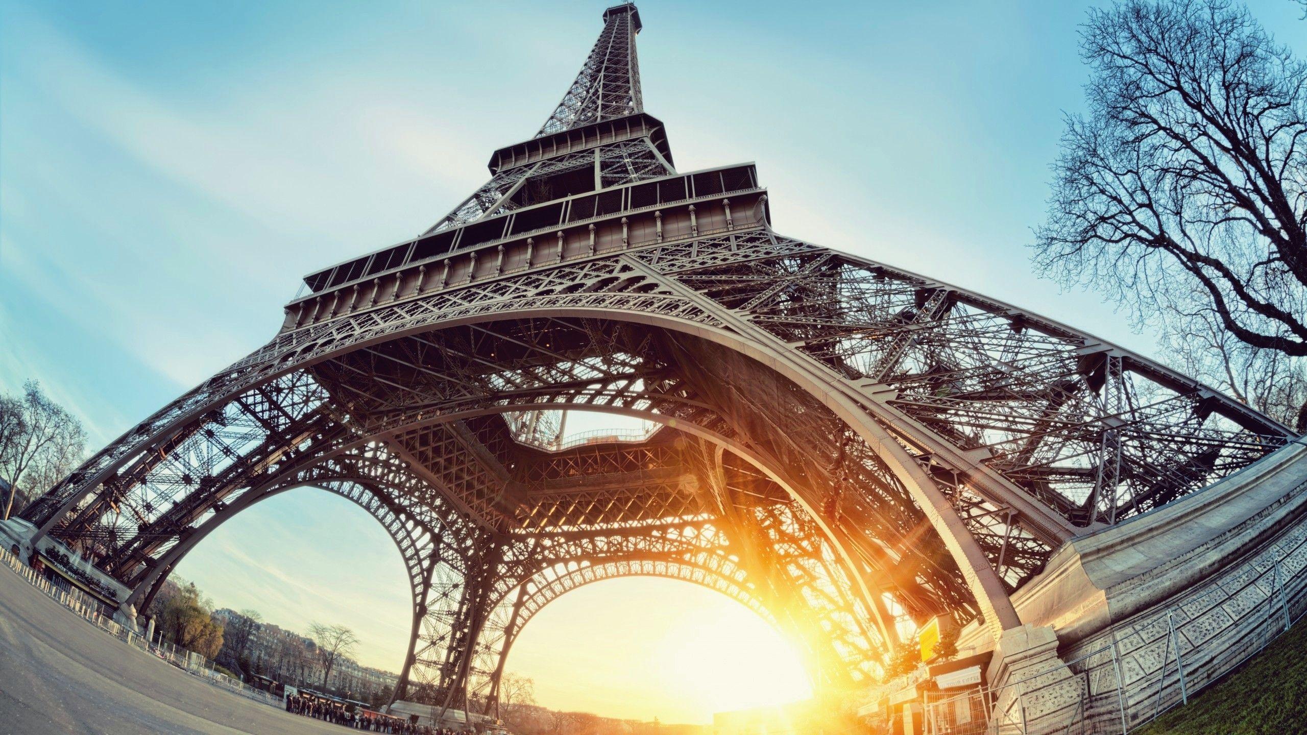 Eiffel Tower Paris Sun Fisheye Effect Low Angle Shot Wallpaper