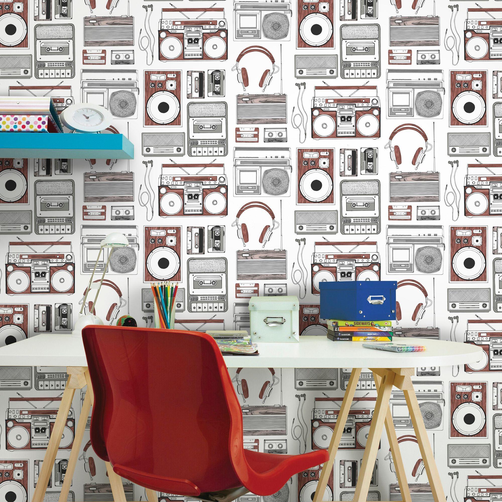 Brown & White Retro Music Wallpaper. Departments. DIY at B&Q