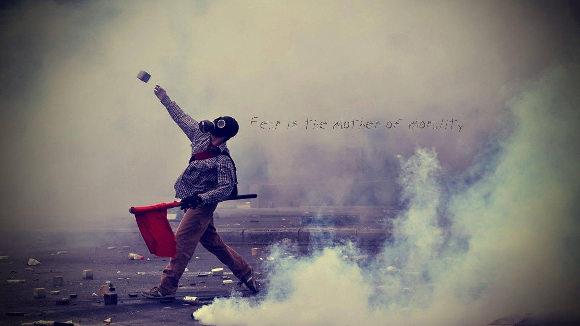 minimalistic, red, smoke, riots, gas masks, mother, Morality