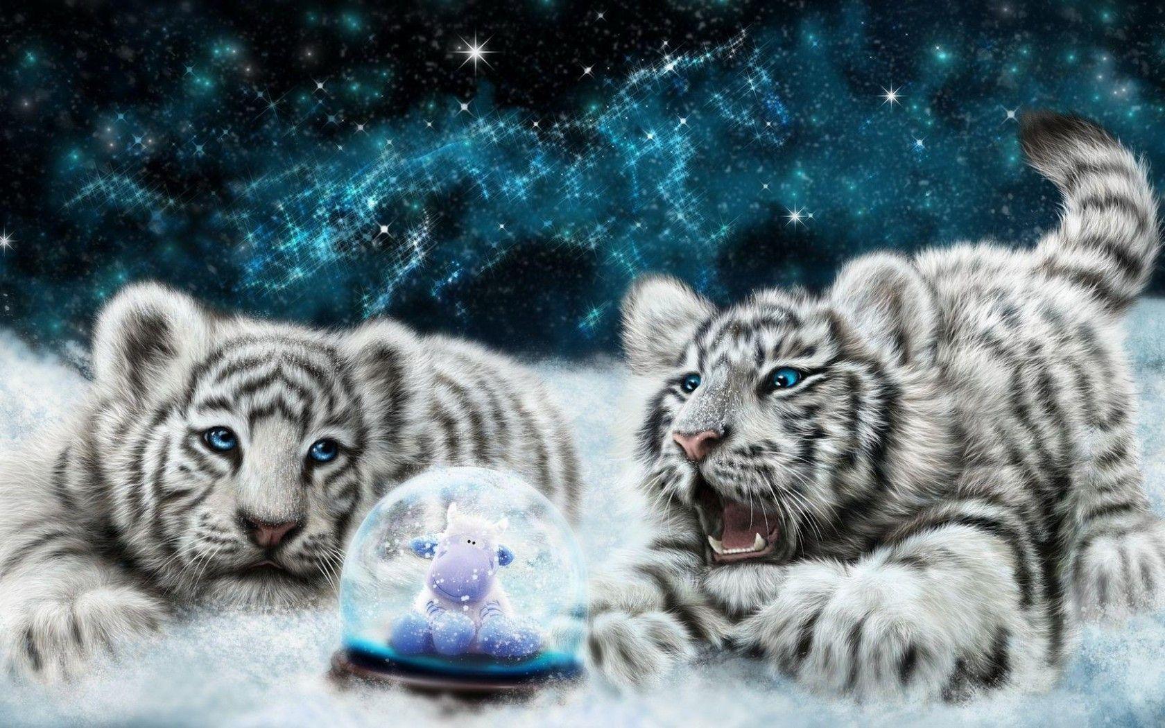 White tiger cubs looking at the snowglobe HD desktop wallpaper