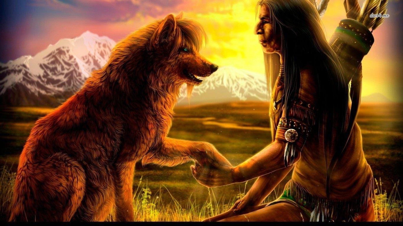 Cool Native American Indian Background. Native American with a wolf