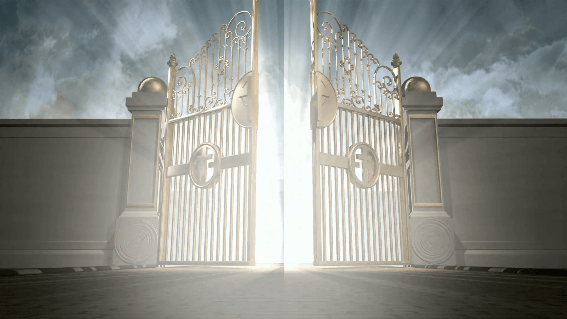 Heavens golden gates opening to an ethereal light on a cloudy