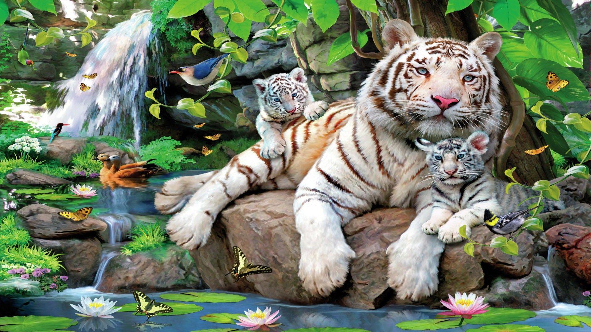 White Tiger and Cubs in Paradise Full HD Wallpaper and Background