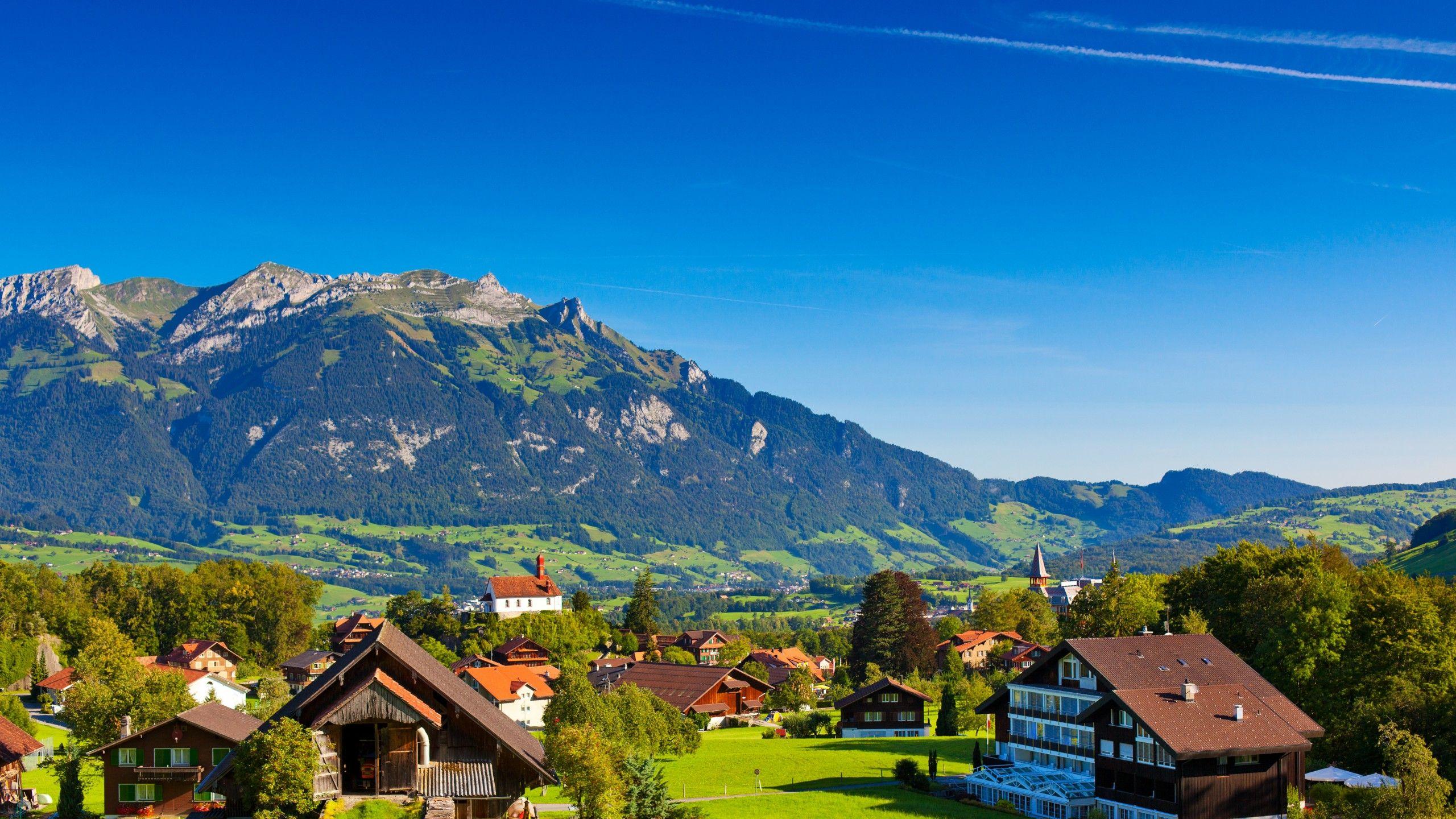 Wallpaper Swiss Alps, Mountains, Town, Switzerland, 5K, World