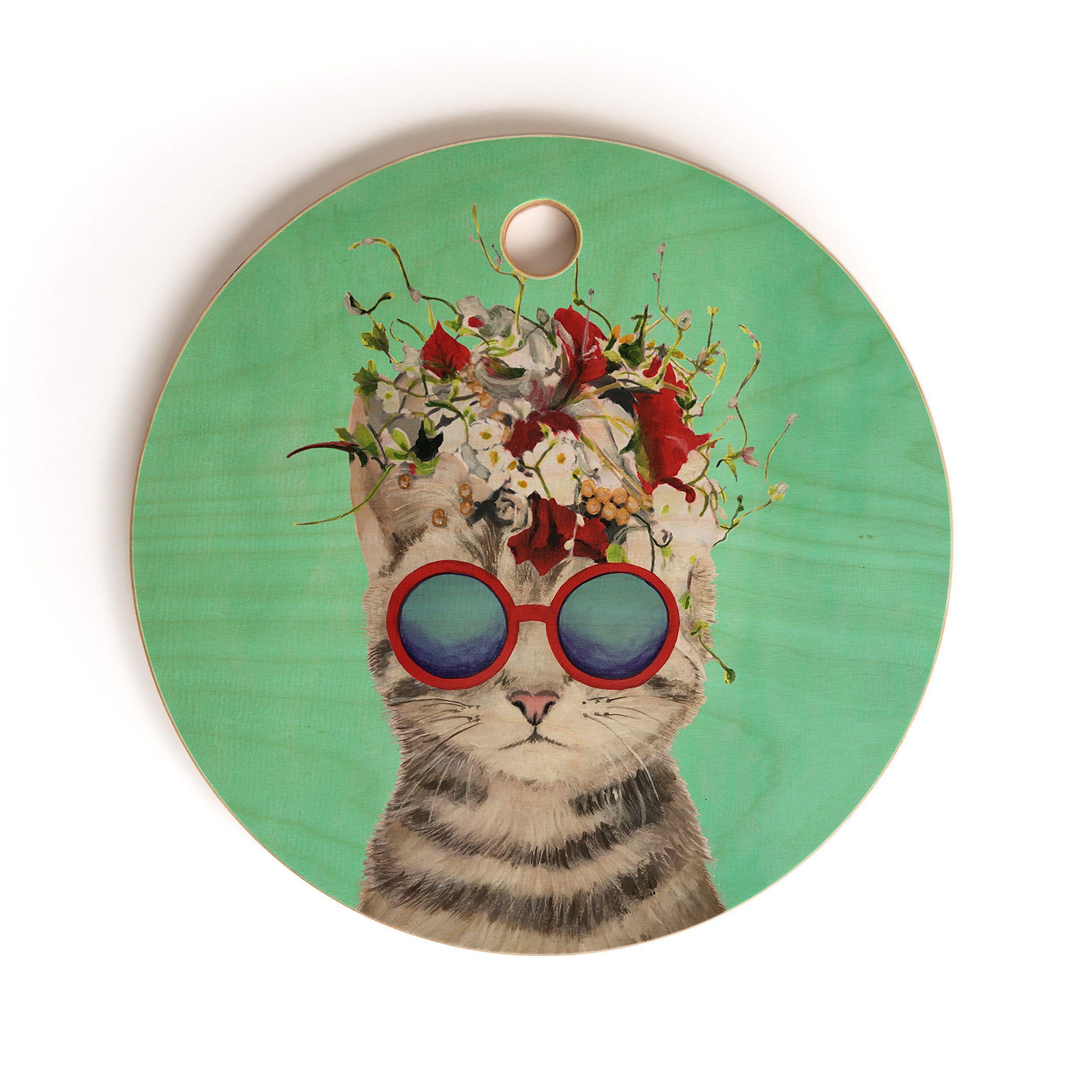 Flower Power Cat Turquoise Cutting Board Round Coco De Paris
