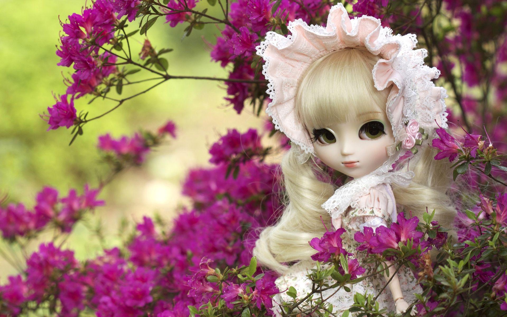 Cute Doll Girl Flowers Wallpaper and Free