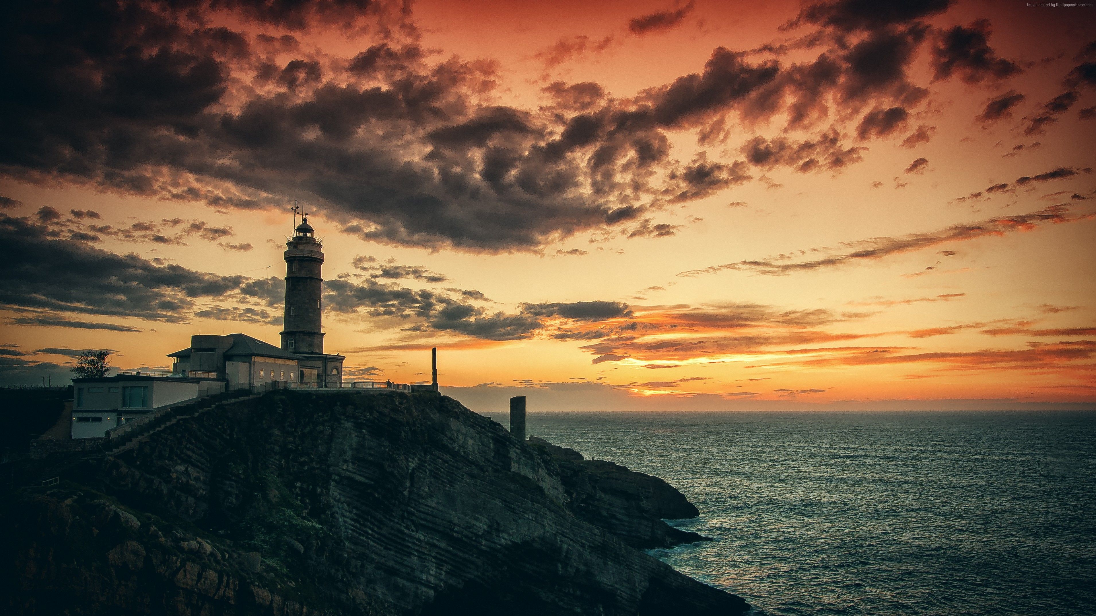 Wallpaper Lighthouse, HD, 4k wallpaper, rocks, sea, sunset, OS