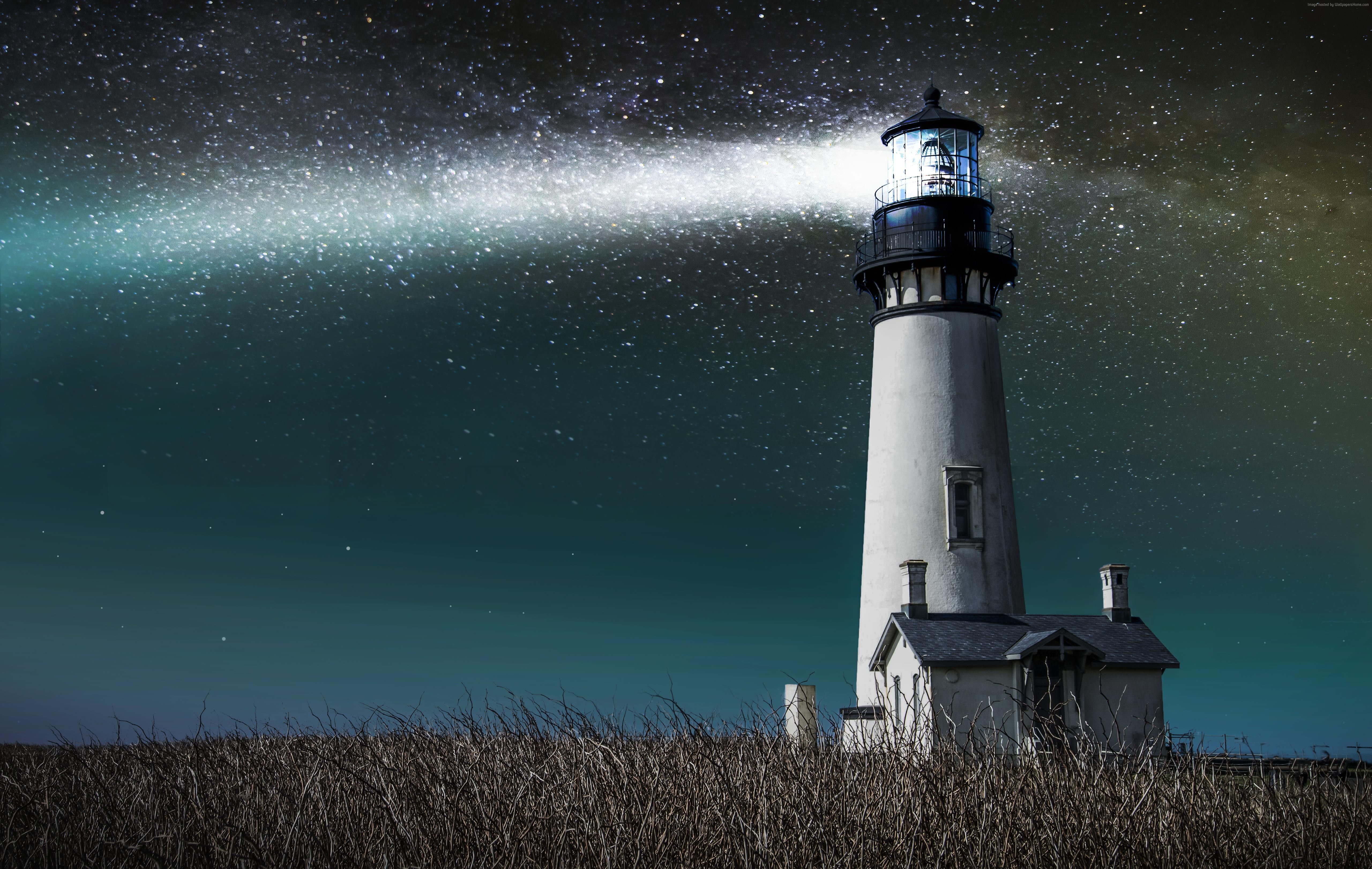 Wallpaper Lighthouse, 5k, 4k wallpaper, 8k, meadows, night, stars