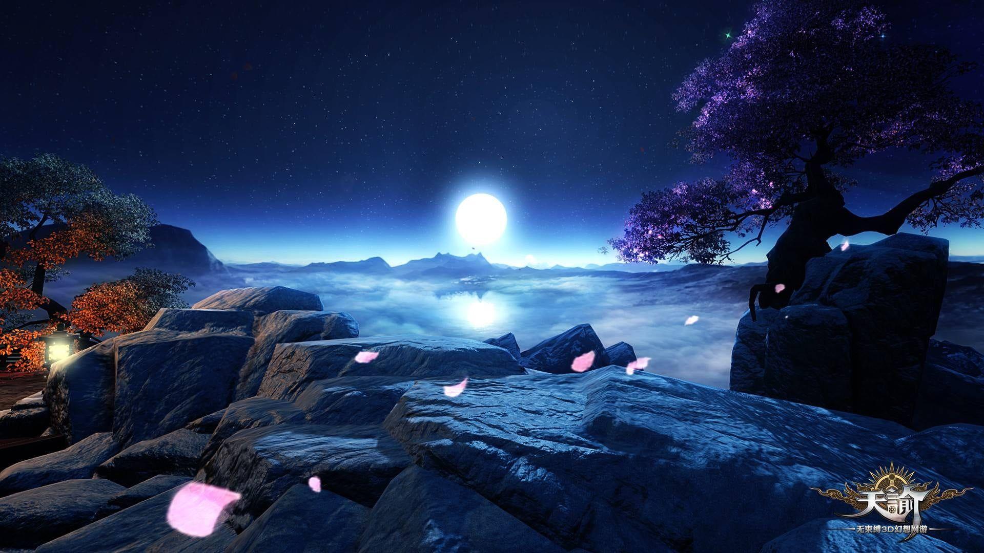 Purple petaled flowers, Revelation Online, landscape, Moon HD