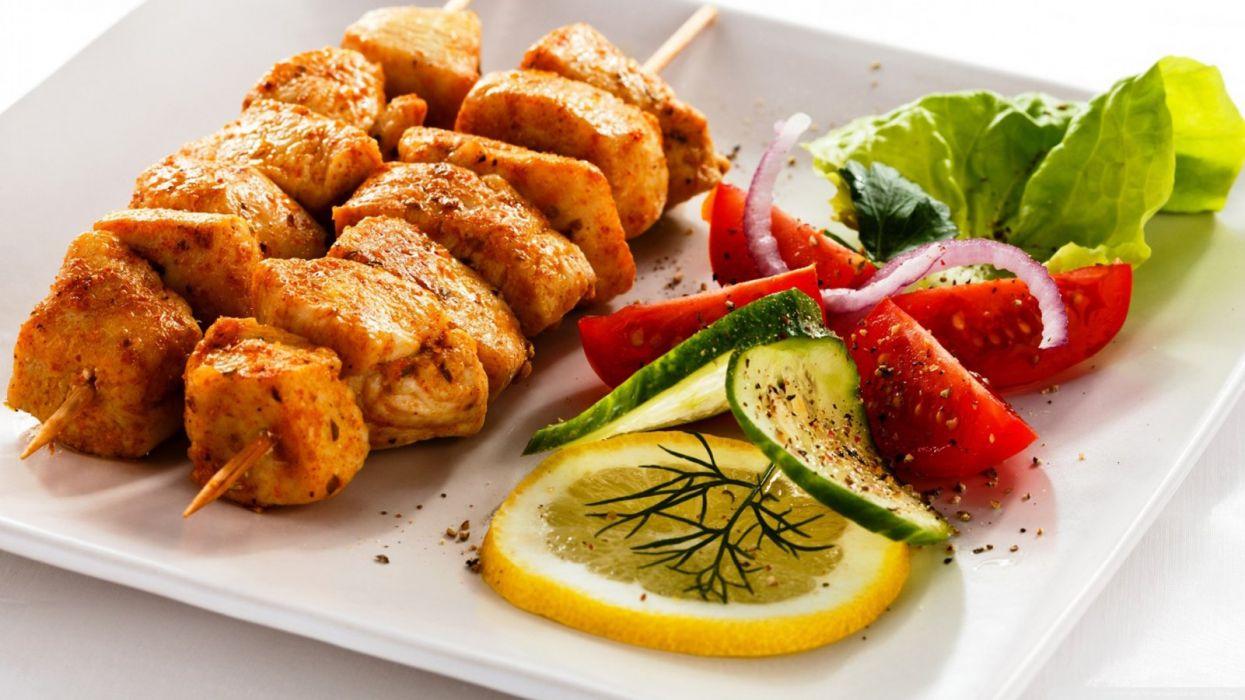 Food delicious chicken kebab with tomato wallpaperx900