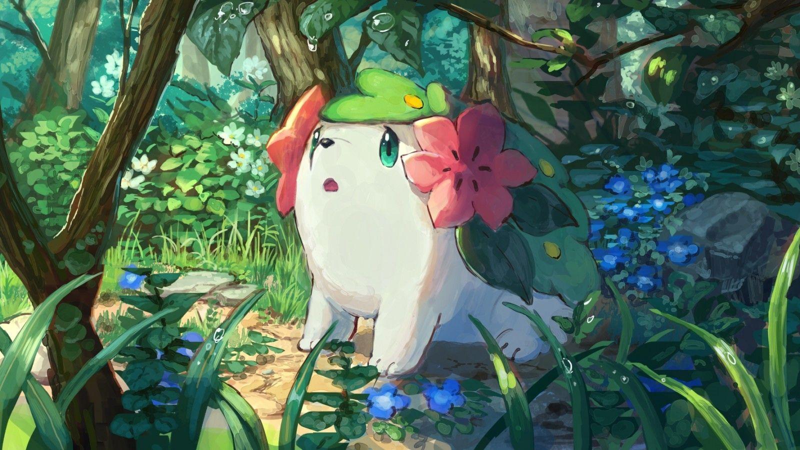 Download 1600x900 Pokemon Shaymin, Cute, Forest, Bubbles Wallpapers.