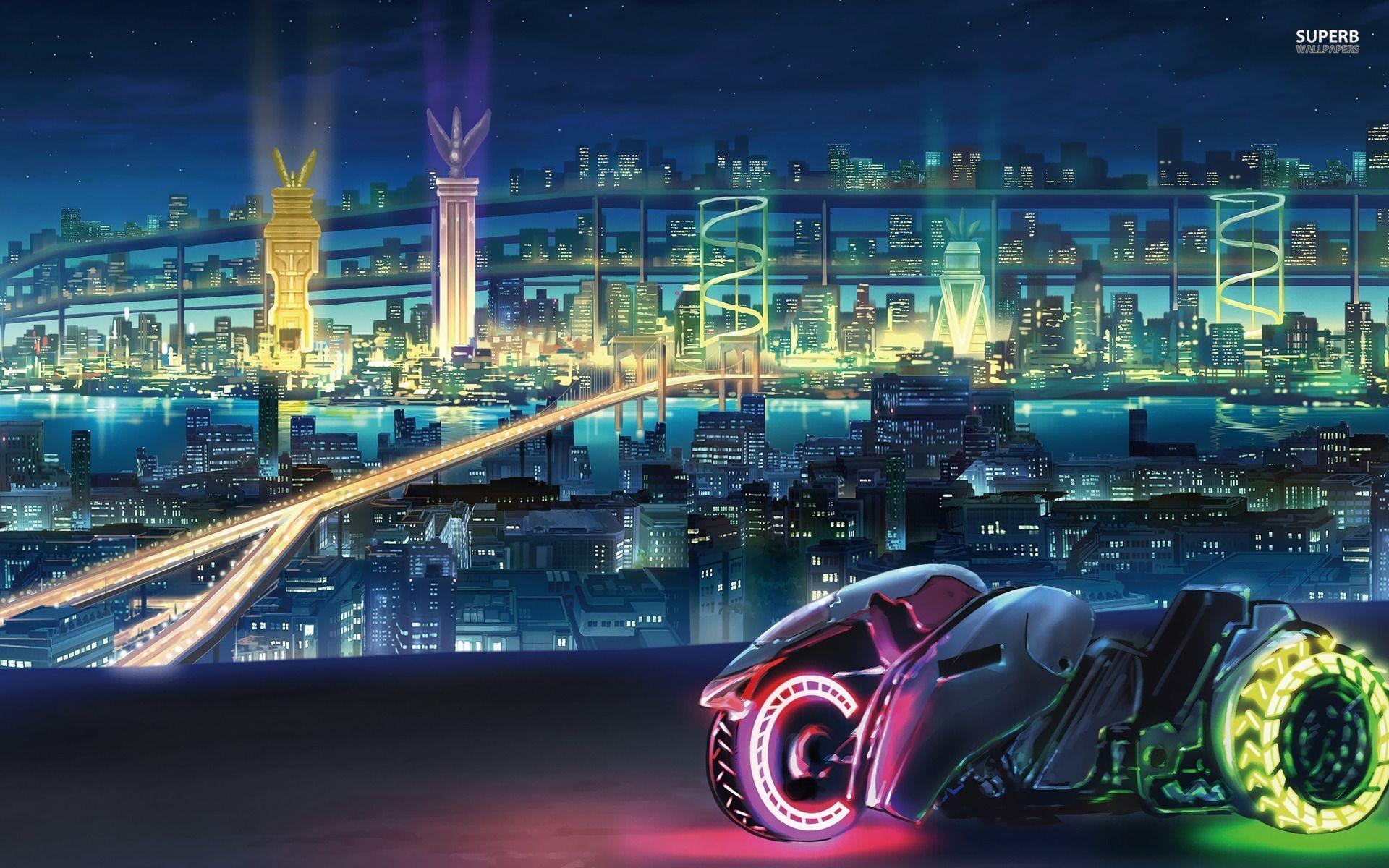 Modern Bike In Futuristic City Desktop Background. Future