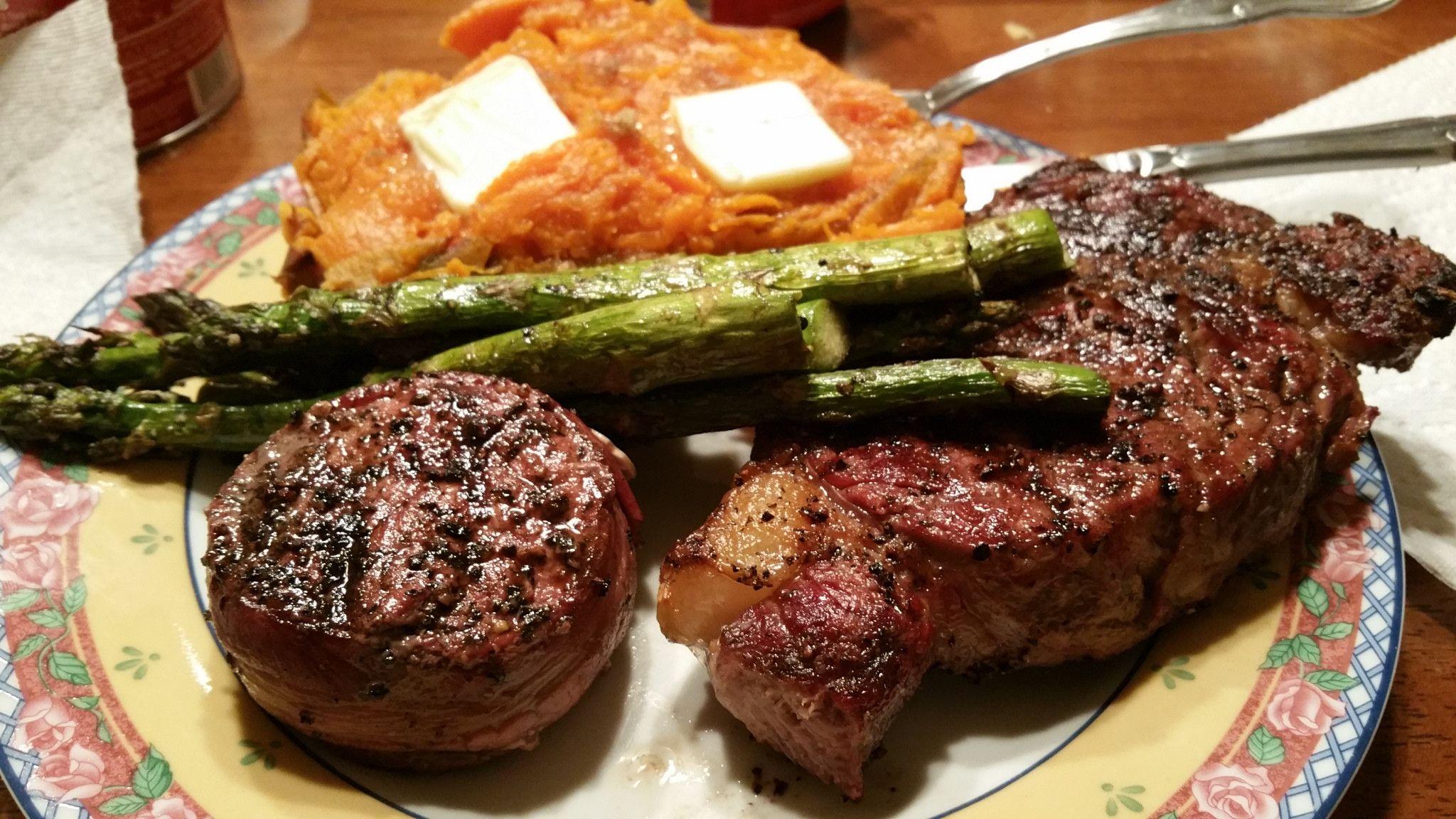 Filet Mignon, Ribeye, Asparagus, and Sweet Potato. All done on