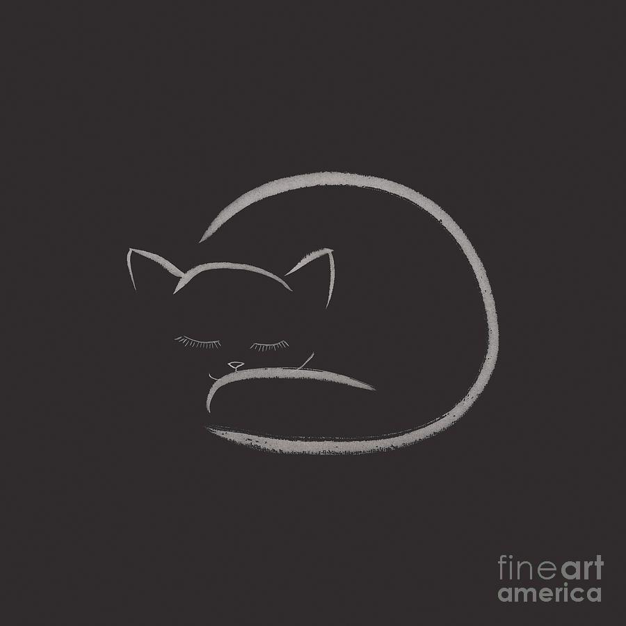Cute Snuggled Sleeping Cat Art Design On Black Background Photograph