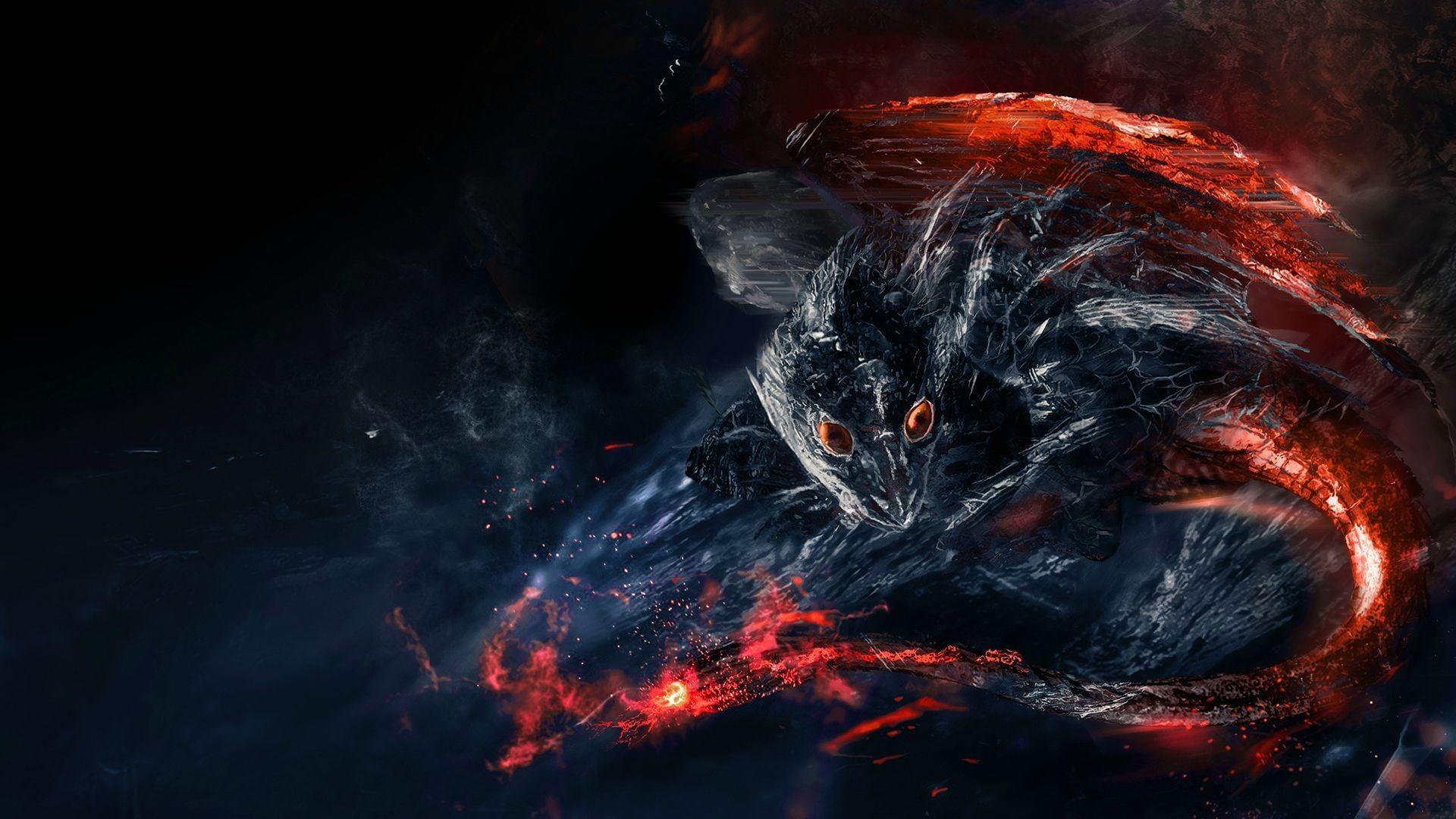 Black and red dragon digital wallpaper, fantasy art, creature