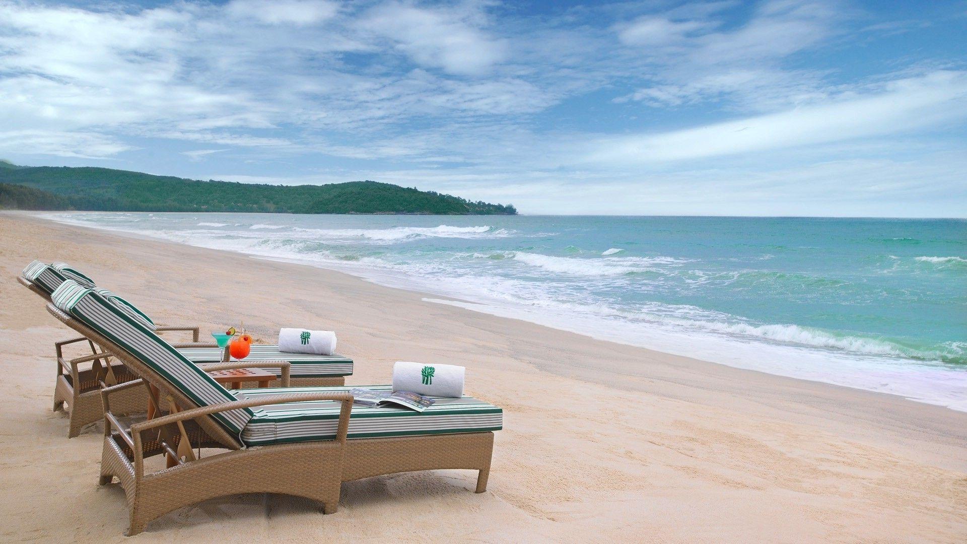 beach, Sand, Sea, Hill, Clouds, Chair, Drink, Summer, Tropical