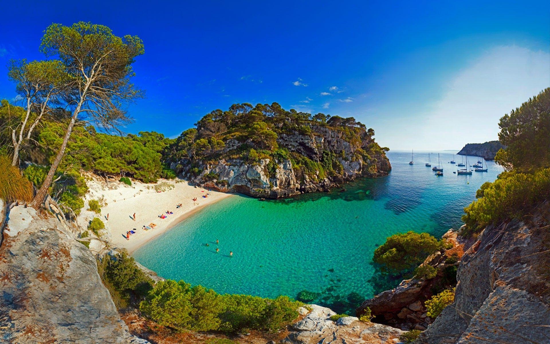 nature, Landscape, Beach, Sea, Sand, Spain, Island, Trees, Boat Wallpaper HD / Desktop and Mobile Background