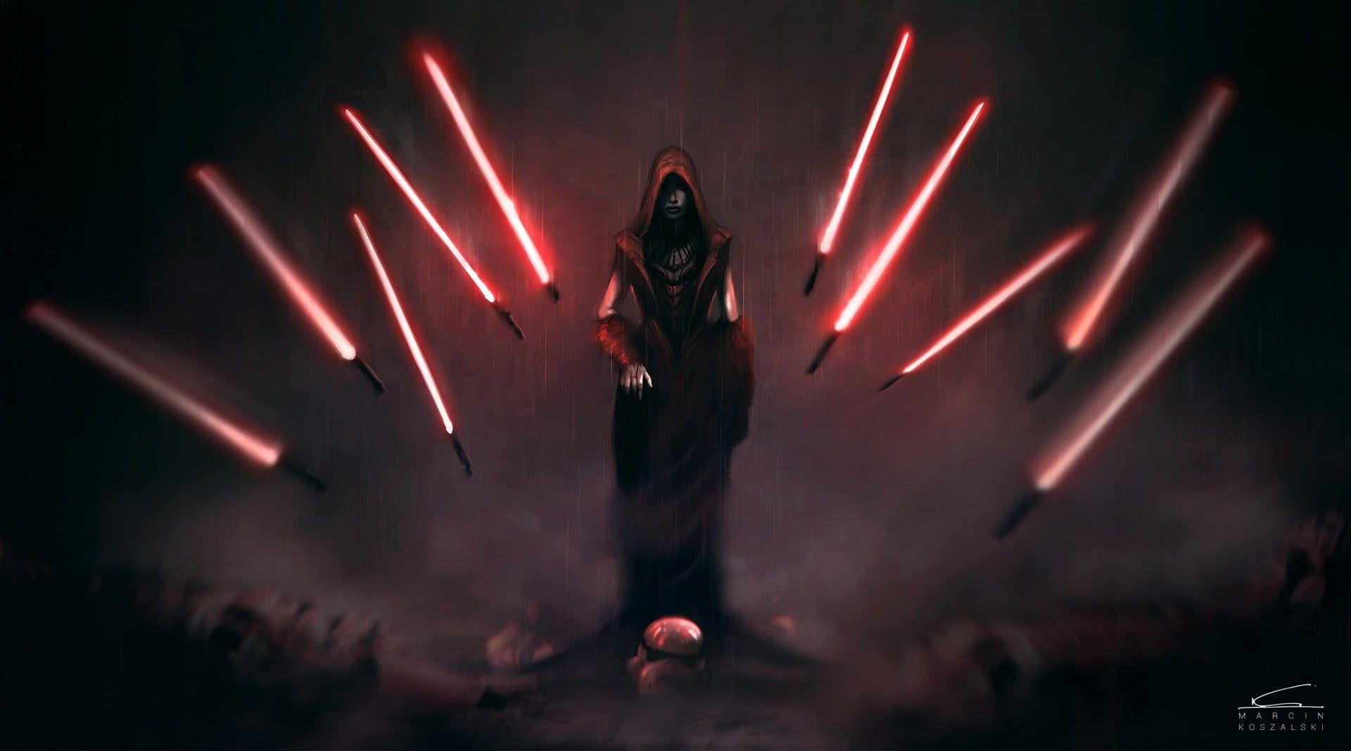 Sith Lord with hood controlling red lightsabers HD wallpaper