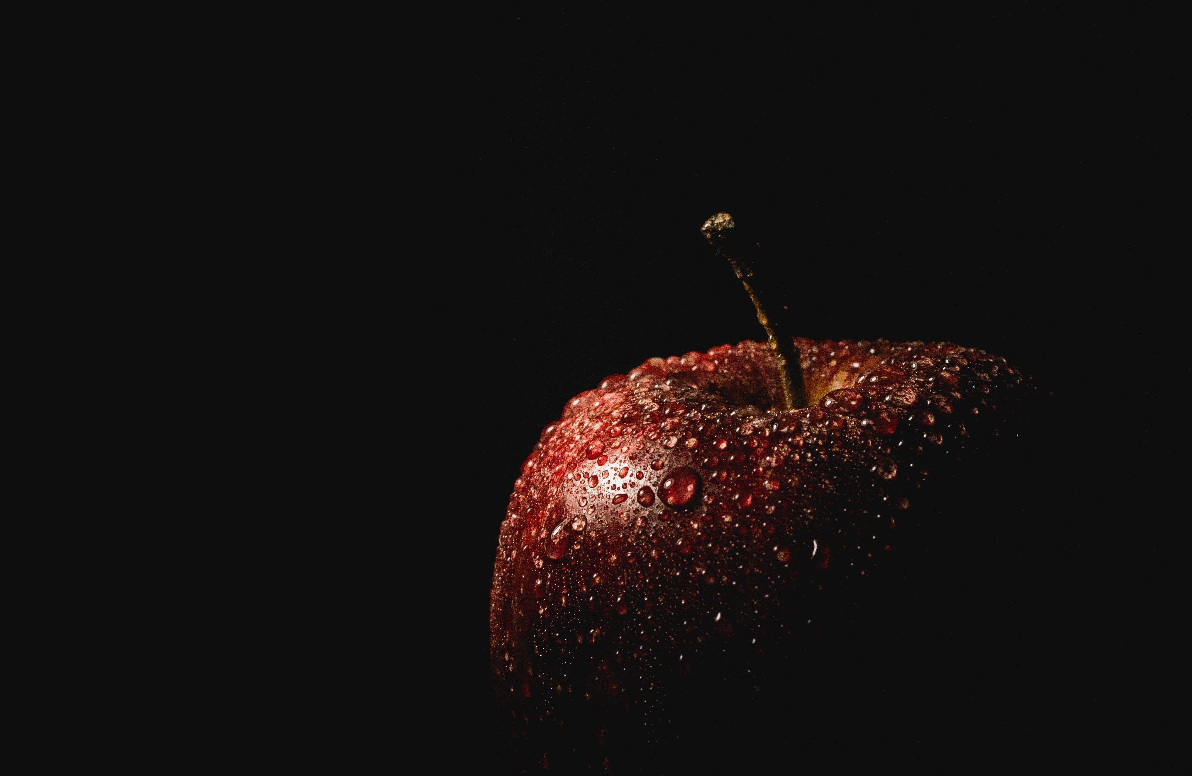 Red apple, Apple, Drops, Black backgrounds HD wallpapers.