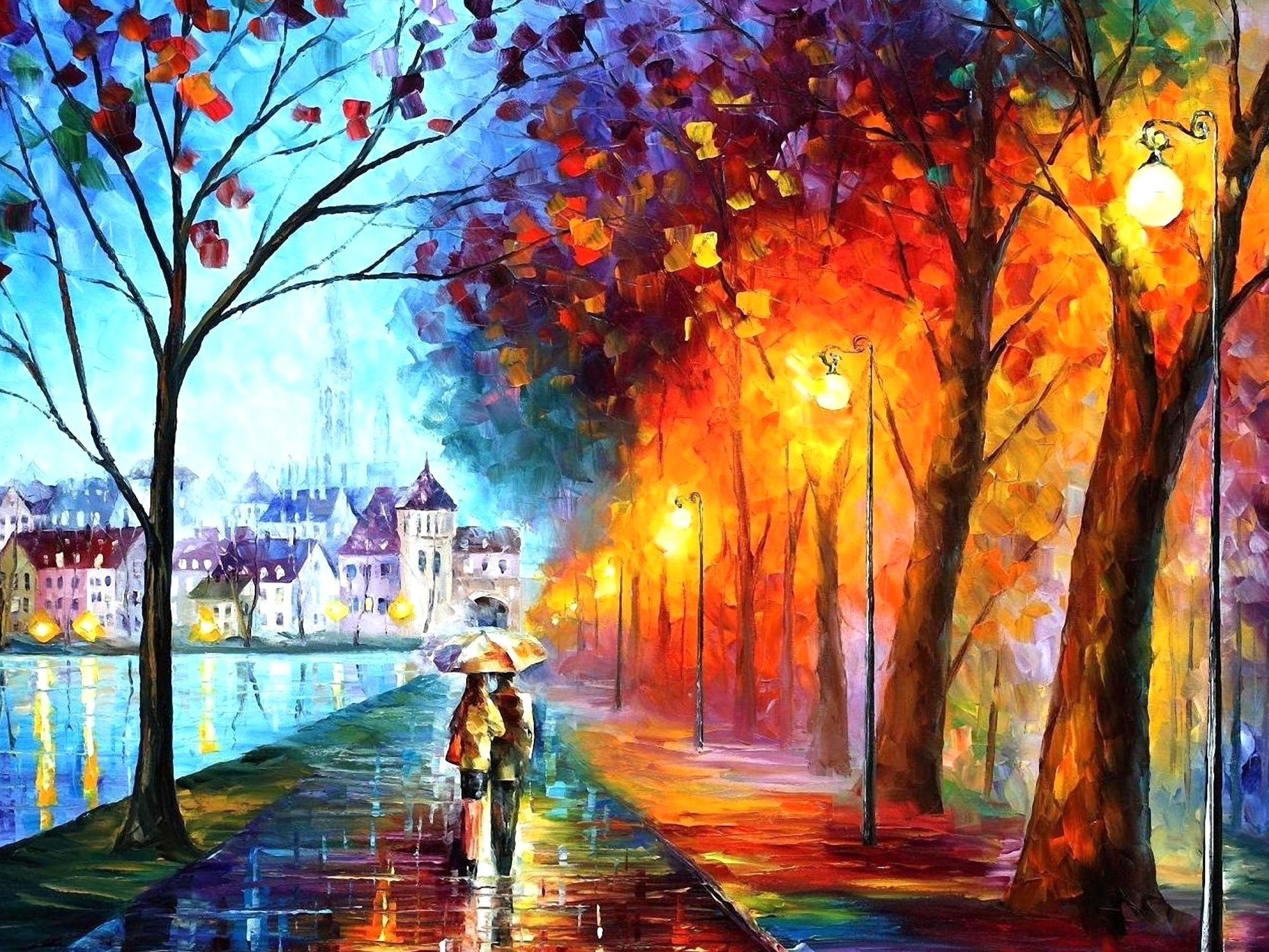 Couple, Rain, Umbrella, Rain, Painting, Colorful, Artworks, Classic