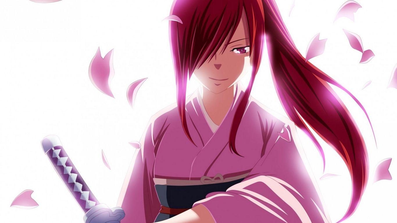 Download wallpaper 1366x768 erza scarlet, fairy tail, smile, arms