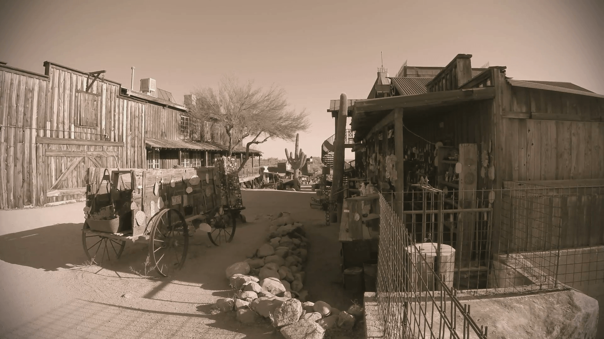 Section Of Old West Town With Wagon- Sepia Tone Stock Video Footage