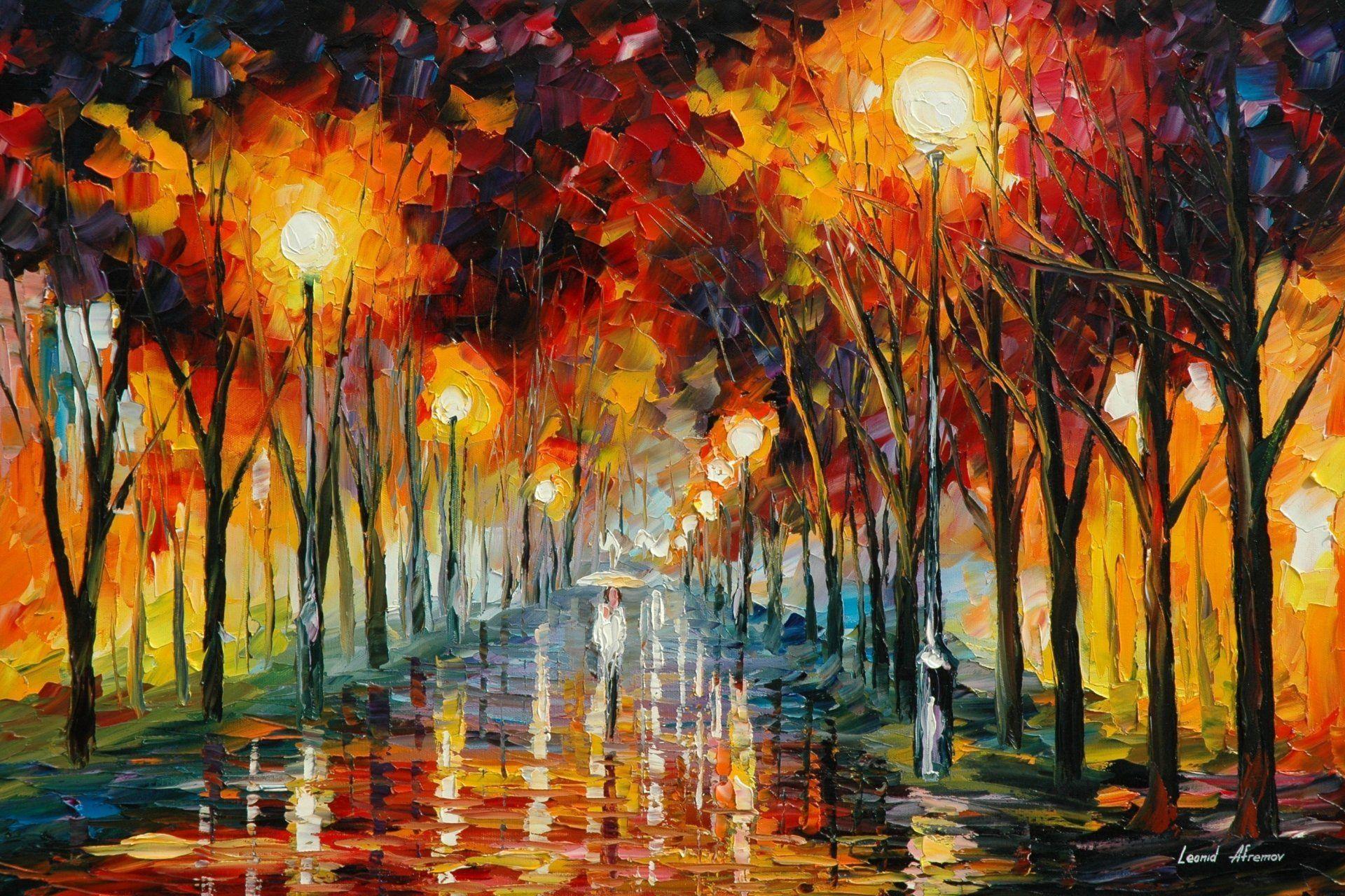 leonid afremov painting road reflection lamps rain man umbrella HD