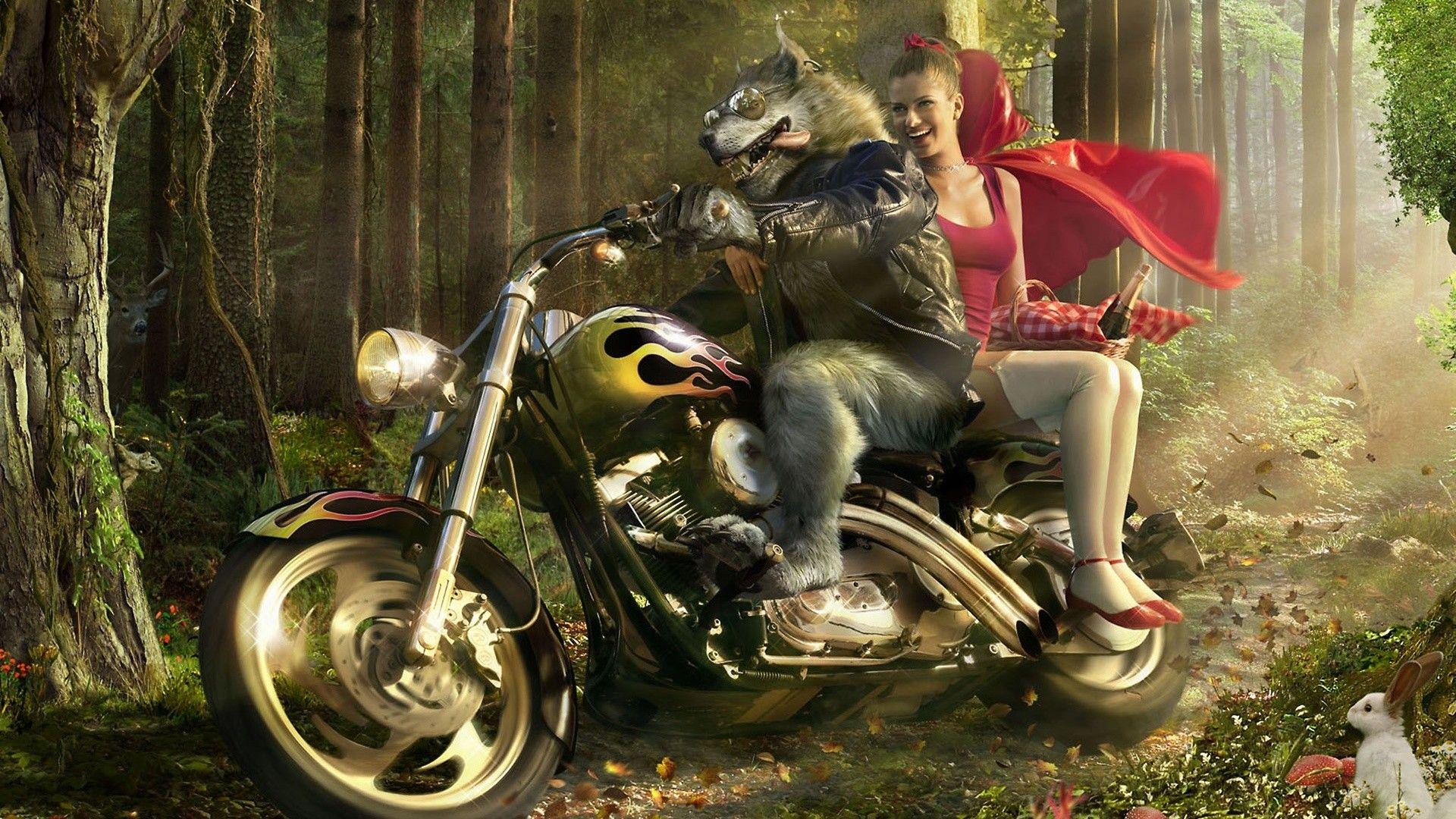 Little Red Riding Hood, Artwork, 3D, Harley Davidson, Wolves