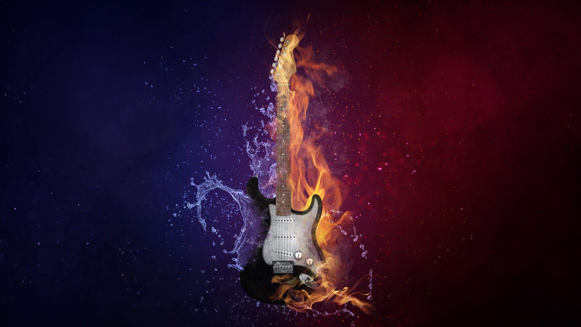 Download 1920x1080 Guitar, Digital Art, Fire, Water, Instrument