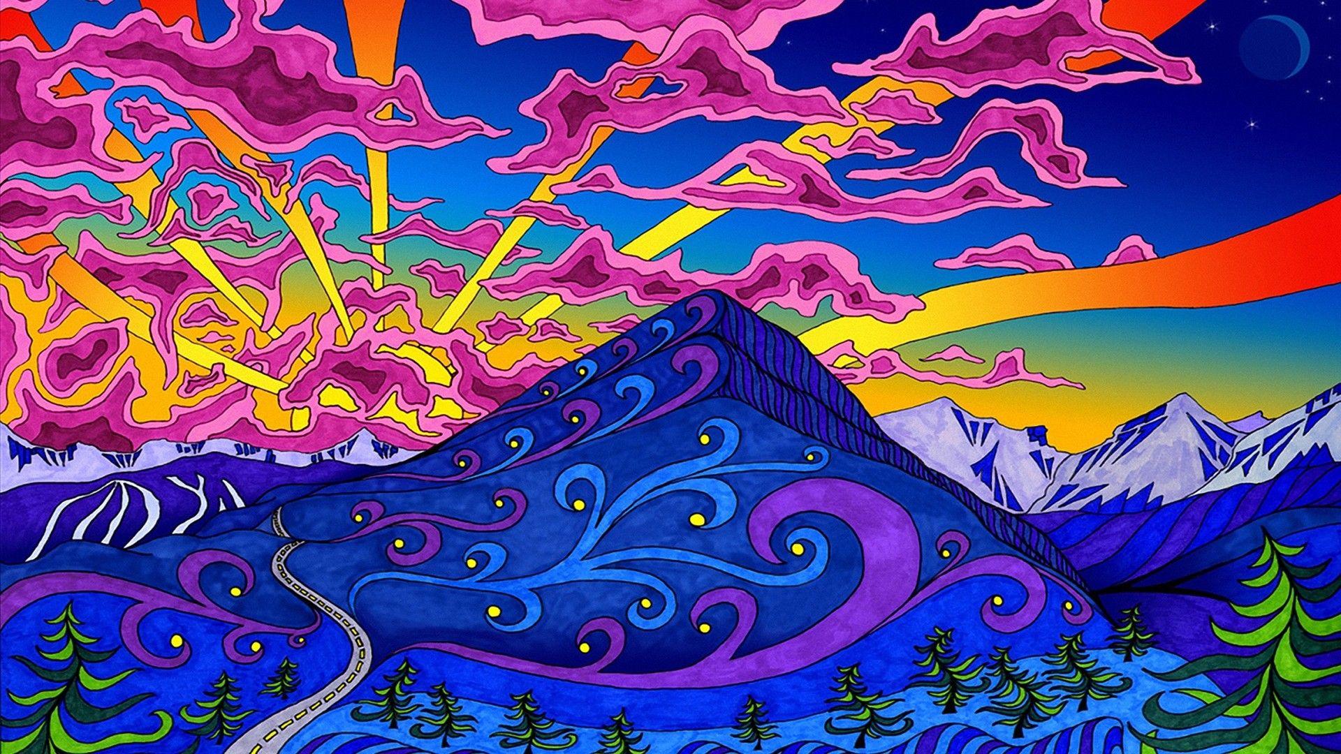mountains, landscapes, psychedelic, artwork, colors :: Wallpapers.