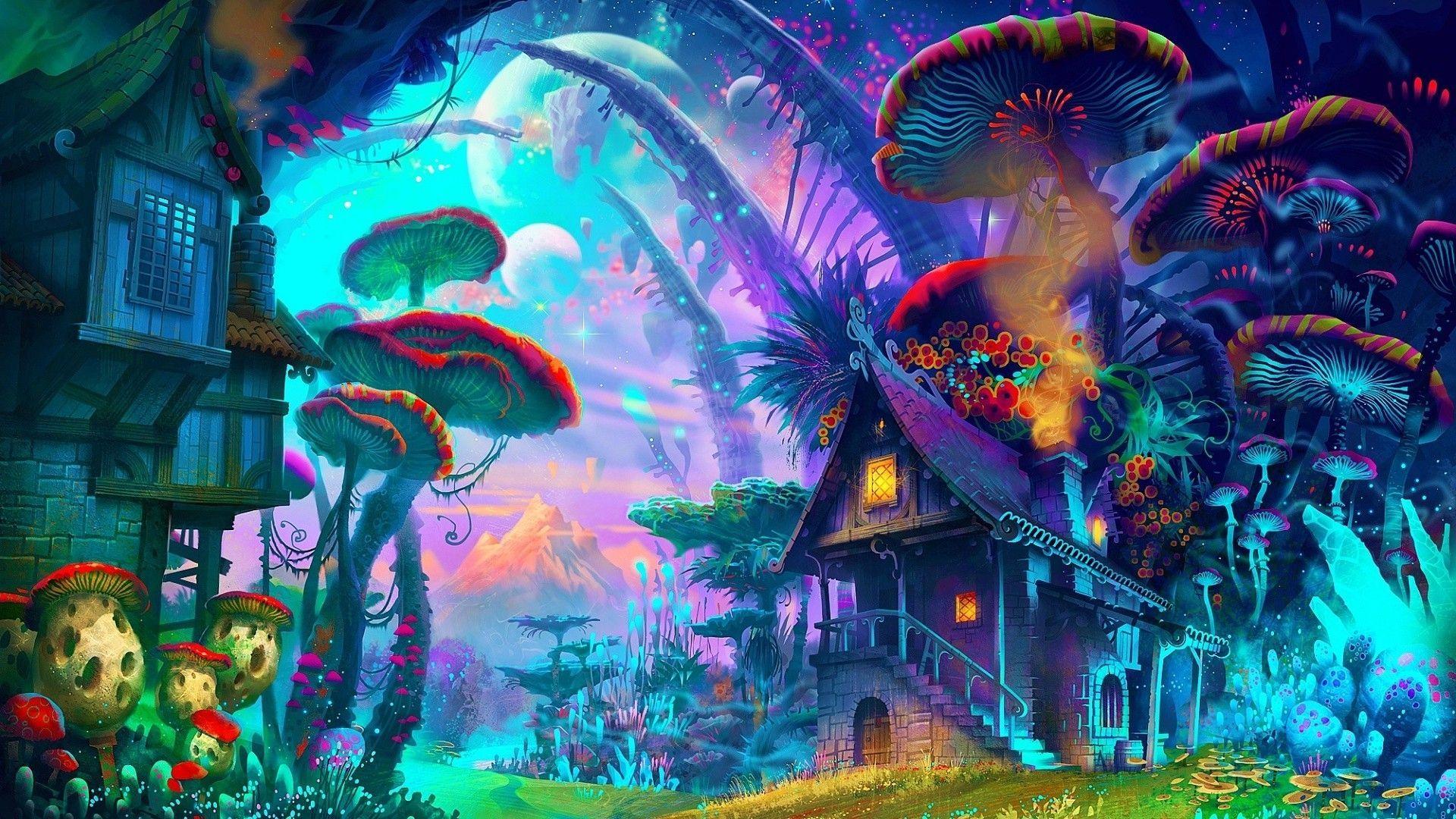 fantasy Art, Drawing, Nature, Psychedelic, Colorful, House. All