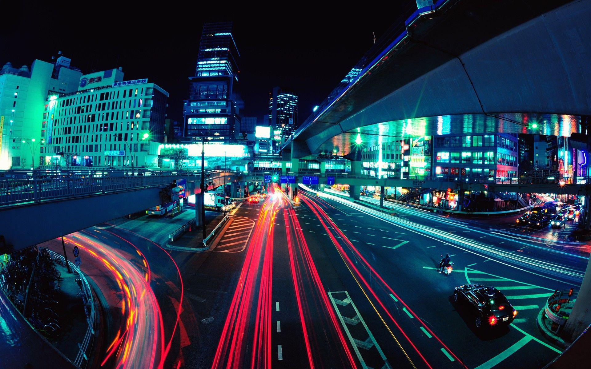 Tokyo, cityscapes, night, buildings, long exposure, fisheye, street