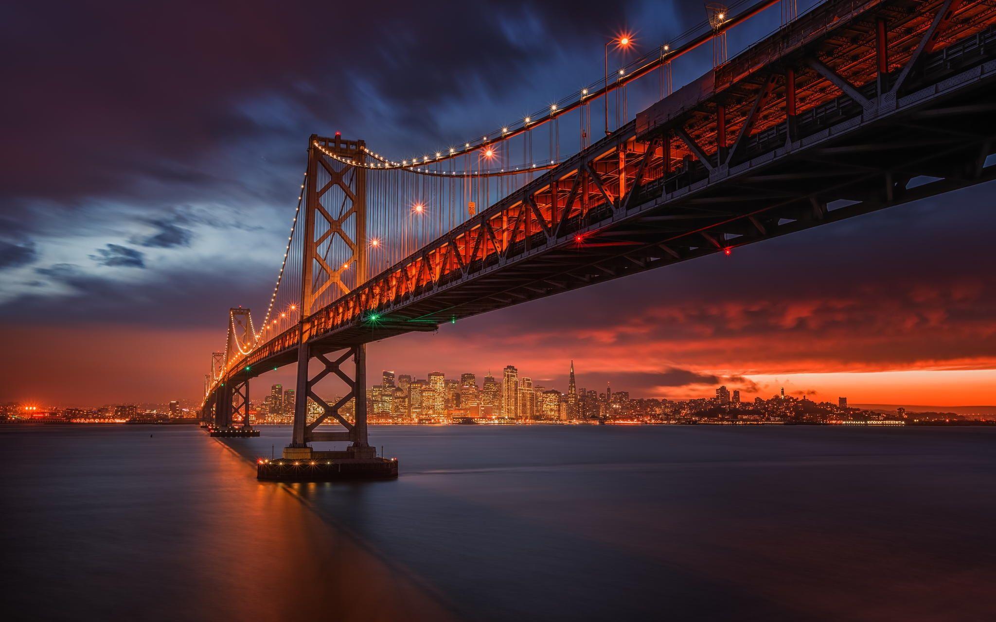 Wallpaper San Francisco Bay, night city, Bay Bridge, California