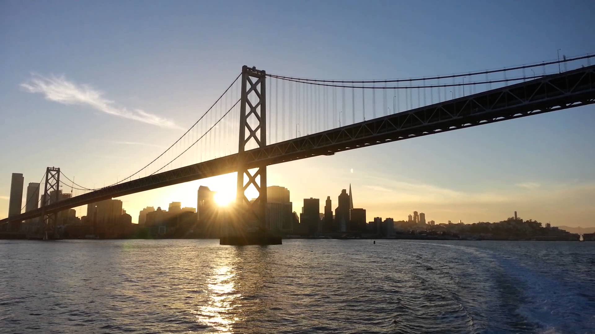 Ferry Ride View. Under the San Francisco Bay Bridge at Sunset