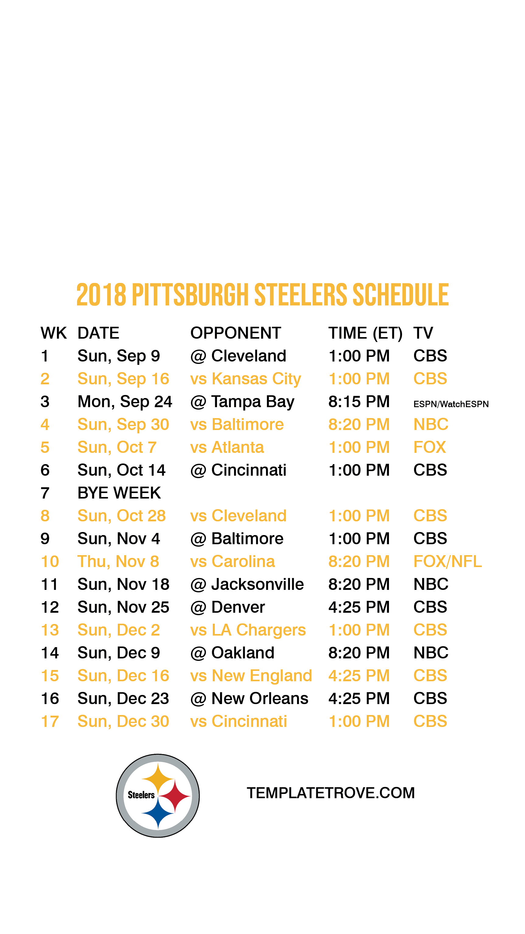 2018 2019 Pittsburgh Steelers Lock Screen Schedule For IPhone 6 7 8 Plus