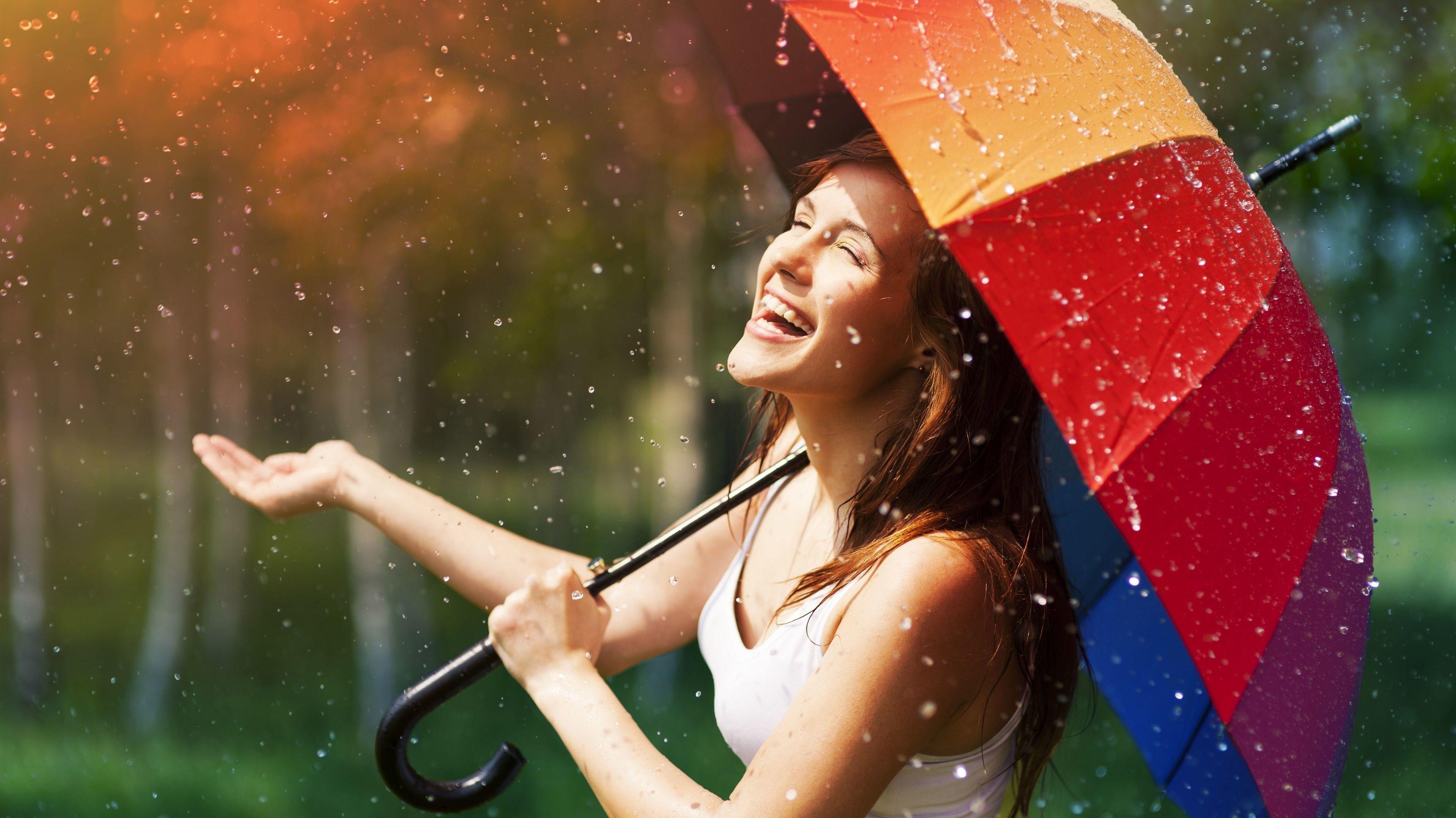 Wallpaper Happy girl in rain, umbrella 3840x2160 UHD 4K Picture, Image